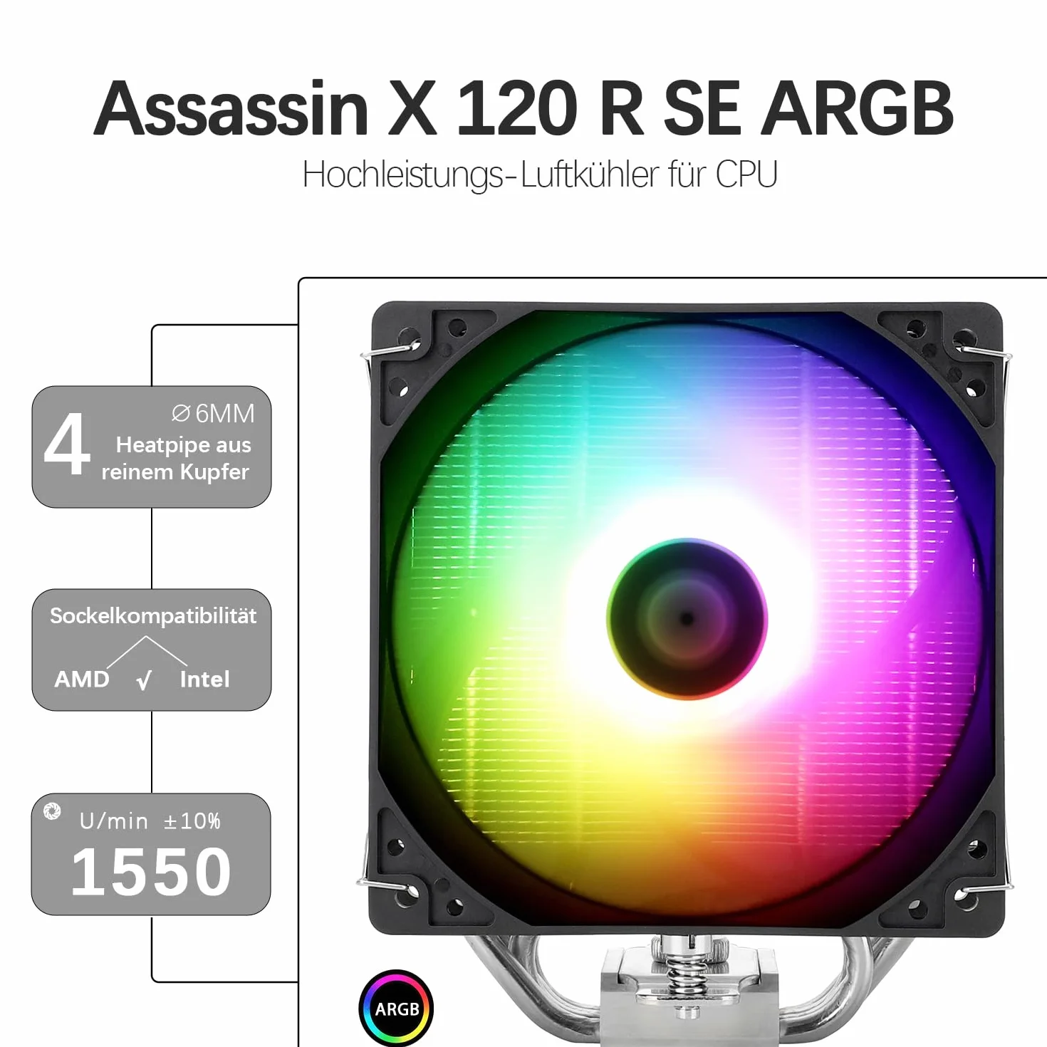 Thermalright Assassin X 120R SE ARGB Chłodnica CPU 120 mm 4 rury cieplne AMD AM5 Intel LGA1851/1700/115x/1200