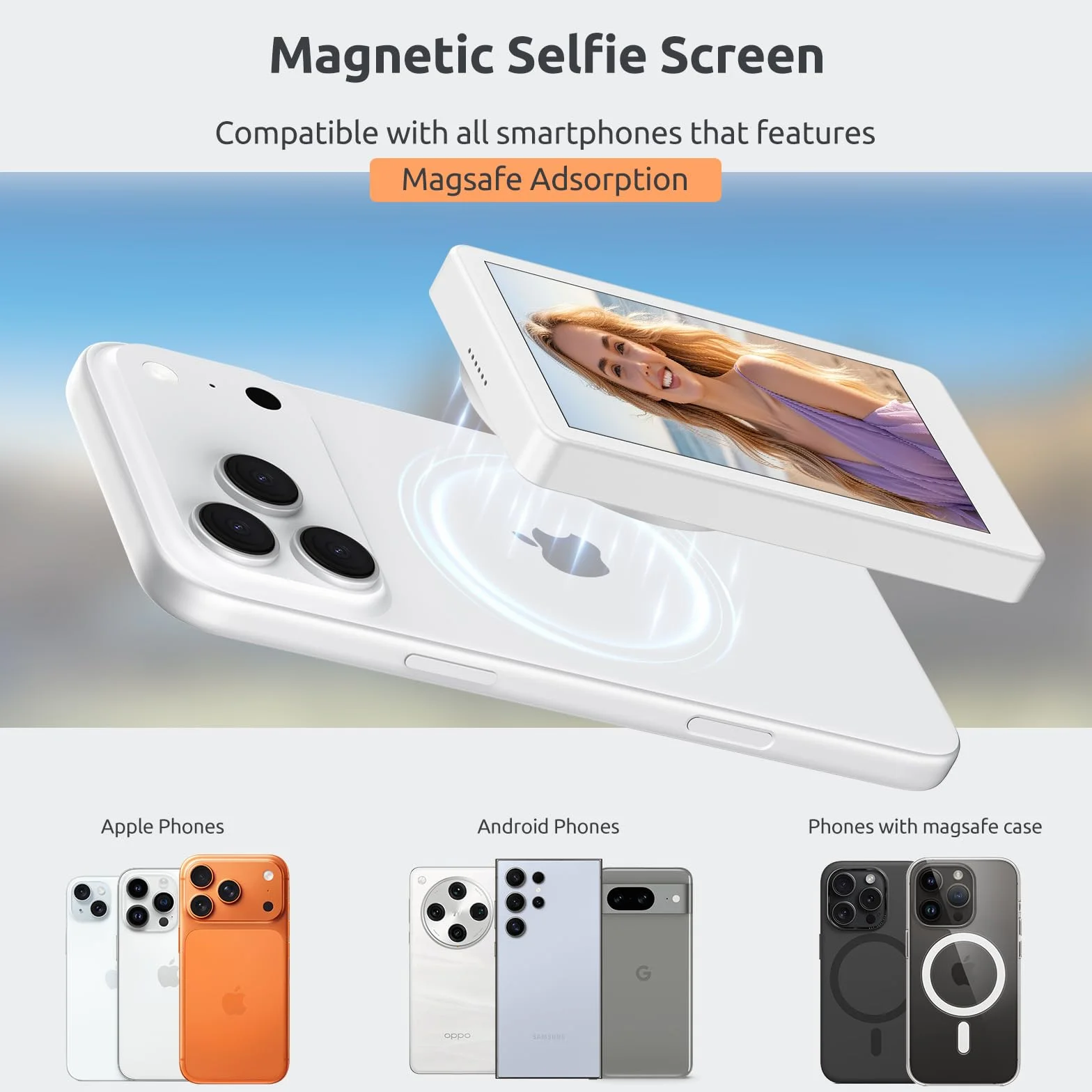 Widok do selfie, magnetyczny telefon Vlog, kamera tylna, ekran 4K 30 klatek na sekundę, możliwość bezprzewodowego łączenia z telefonami komórkowymi, ekran do selfie kompatybilny z telefonami