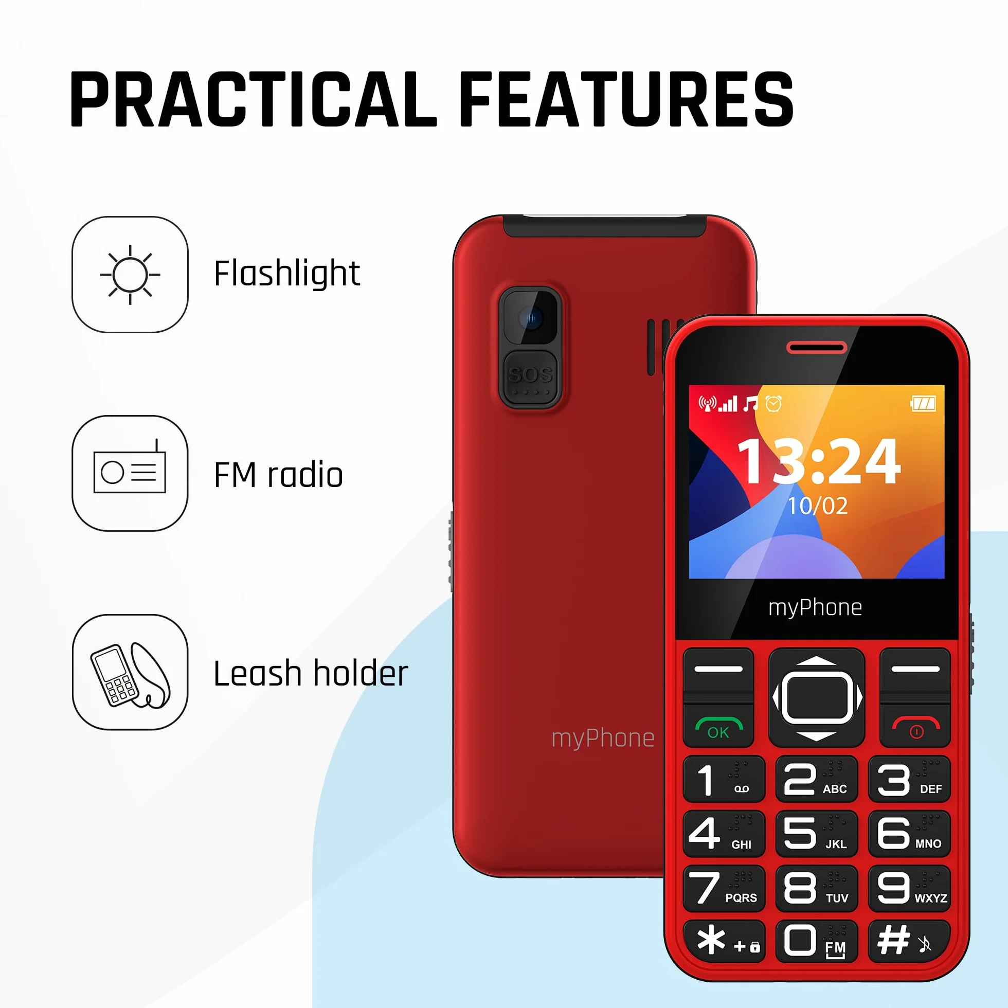 MP myPhone Halo 3 klasyczny telefon dla seniora babci dziadka z bazą ładującą, przycisk SOS, duże klawisze, duży wyświetlacz 2,3 cala, fotokontakty, aparat, przycisk SOS - czerwony