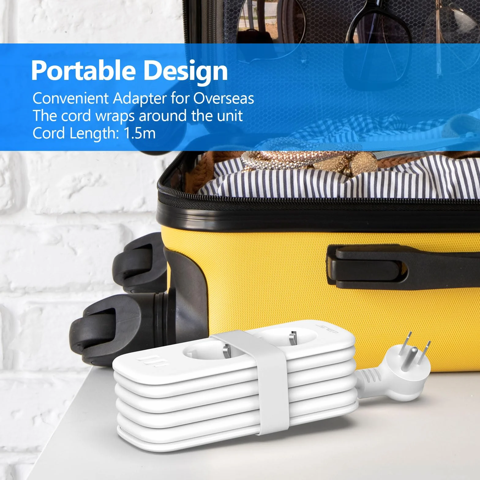 JSVER Travel Plug Adapter USA, Wiele Gniazd z 1 USB C i 2 USB A, 5 w 1 z Chowanym Przedłużaczem, Typ B dla Kanady, Ameryki, Meksyku, Tajlandii, Dominikany-1,5 m (Biały)
