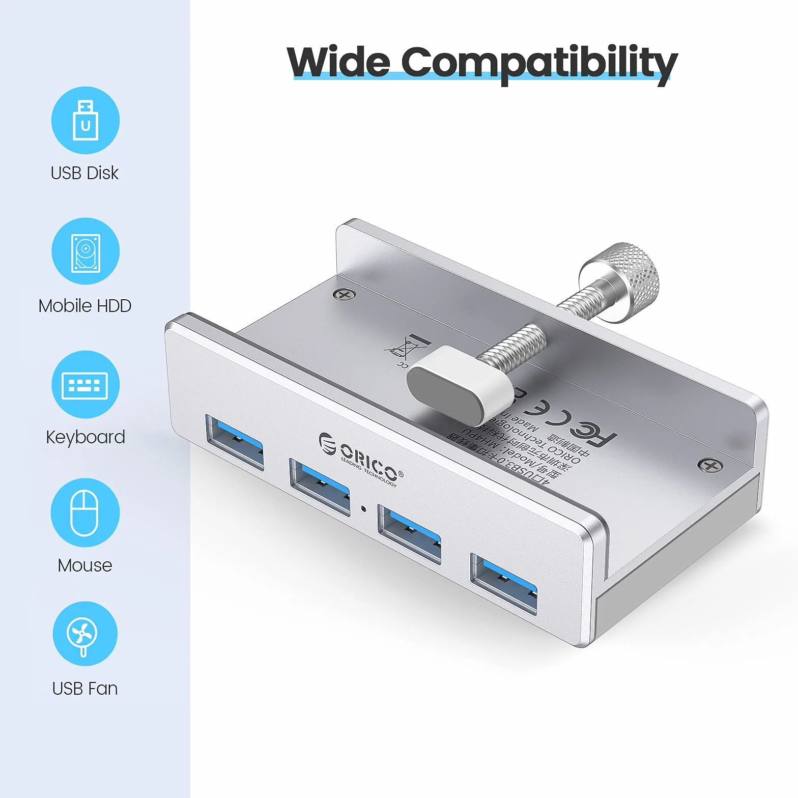 ORICO Adapter zaciskowy koncentratora USB 3.0, aluminiowy 4-portowy rozdzielacz USB z dodatkowym portem zasilania i kablem danych USB 4,92 FT, ultra-przenośny rozszerzacz USB do 2021 iMac/laptop/PC