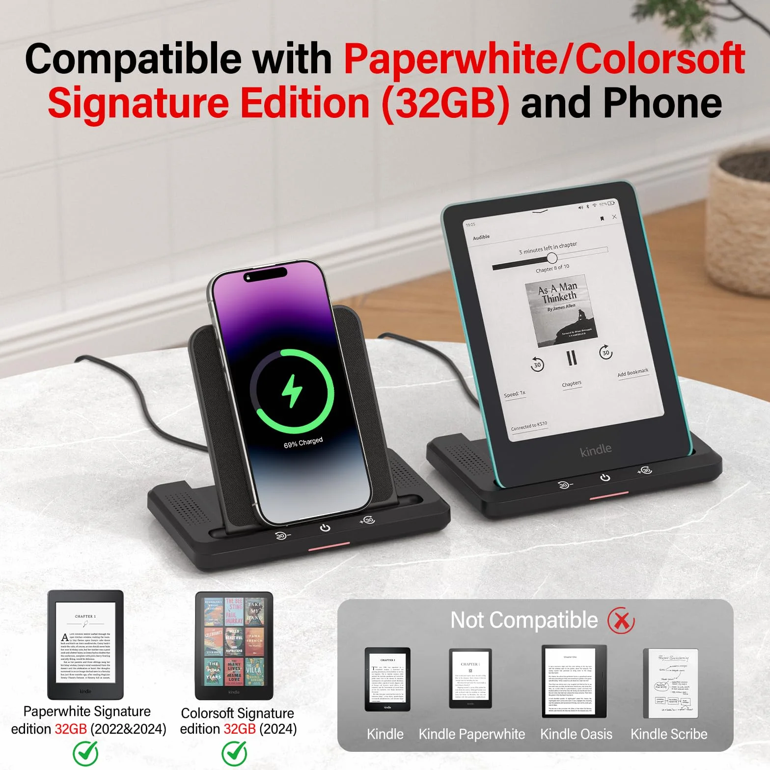 Bezprzewodowa stacja ładująca z głośnikiem do Audiobooka, bezprzewodowa ładowarka kompatybilna z Kindle Paperwhite Signature Editions (wersje z 2022 i 2024 r.) i Kindle Colorsoft Signature Edition