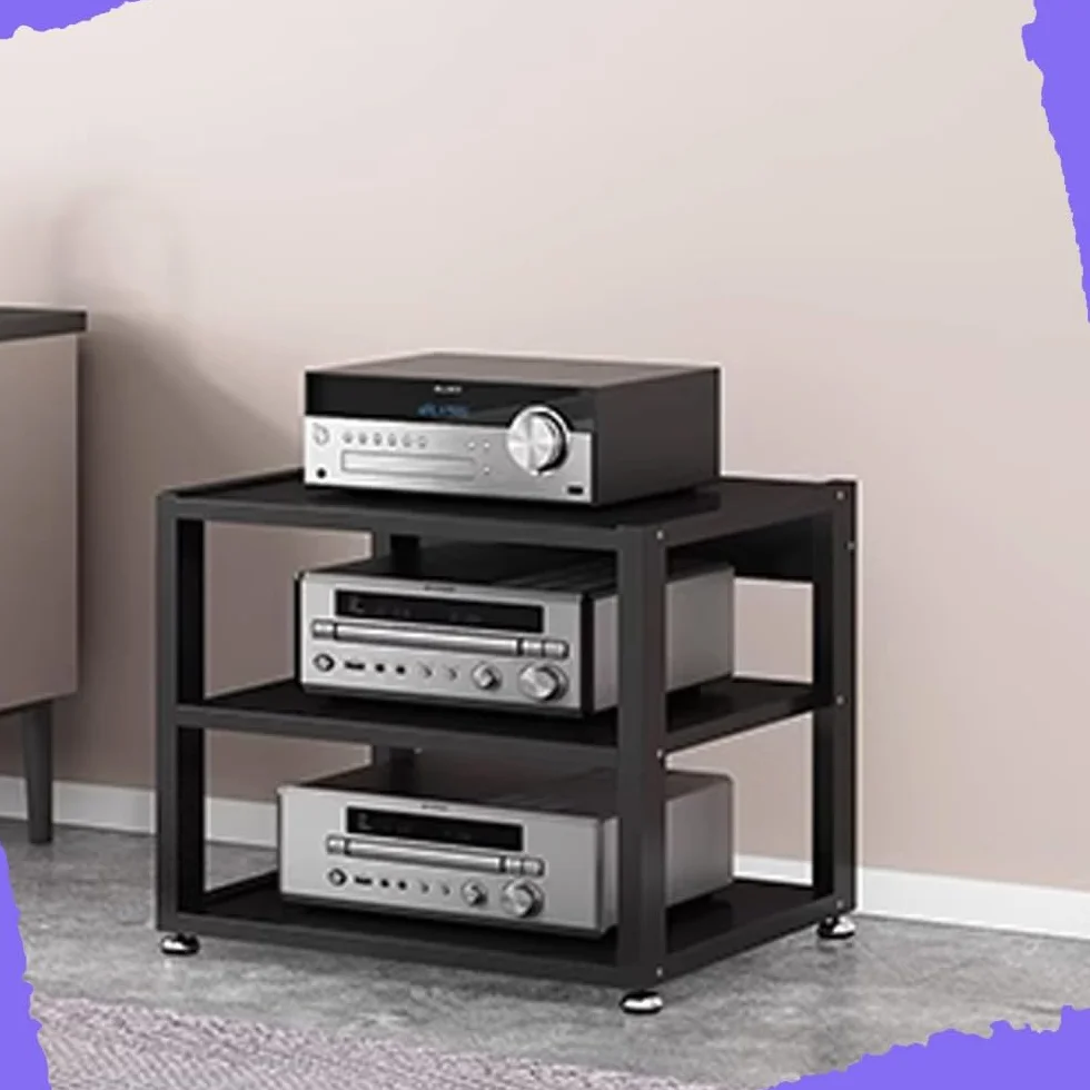 Stojak na komponenty audio, 3/4/5-poziomowy, wytrzymały, na media AV, wzmacniacz HiFi, wysokość 90 cm, stojak na amplituner stereo, gramofon (czarny, 3 poziomy, 50 x 40 x 48,5 cm)