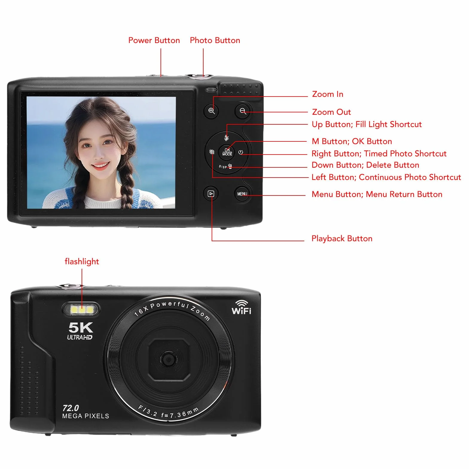 Aparat Cyfrowy, 5K 72MP UHD Autofocus WiFi z 16x Zoom, Ekran 2,8 Cala, Błyskowa, Kompaktowy dla Vlogu, Karta 64 GB (64GB)