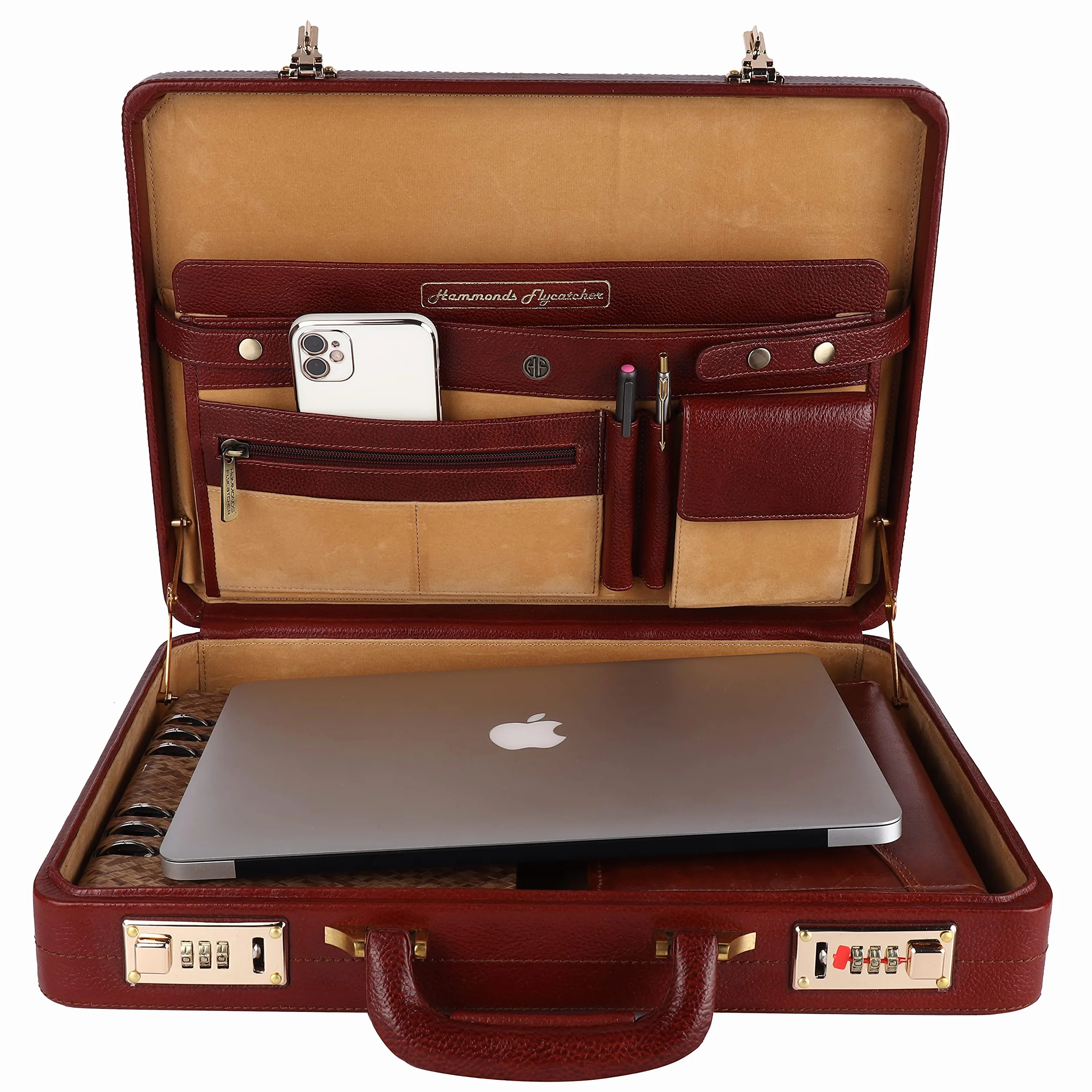 Hammonds Flycatcher Aktówka z prawdziwej skóry dla mężczyzn z przegrodą na laptopa, zamek szyfrowy | D-L: 17''H: 12,5''B: 7 cm, Texas Brown