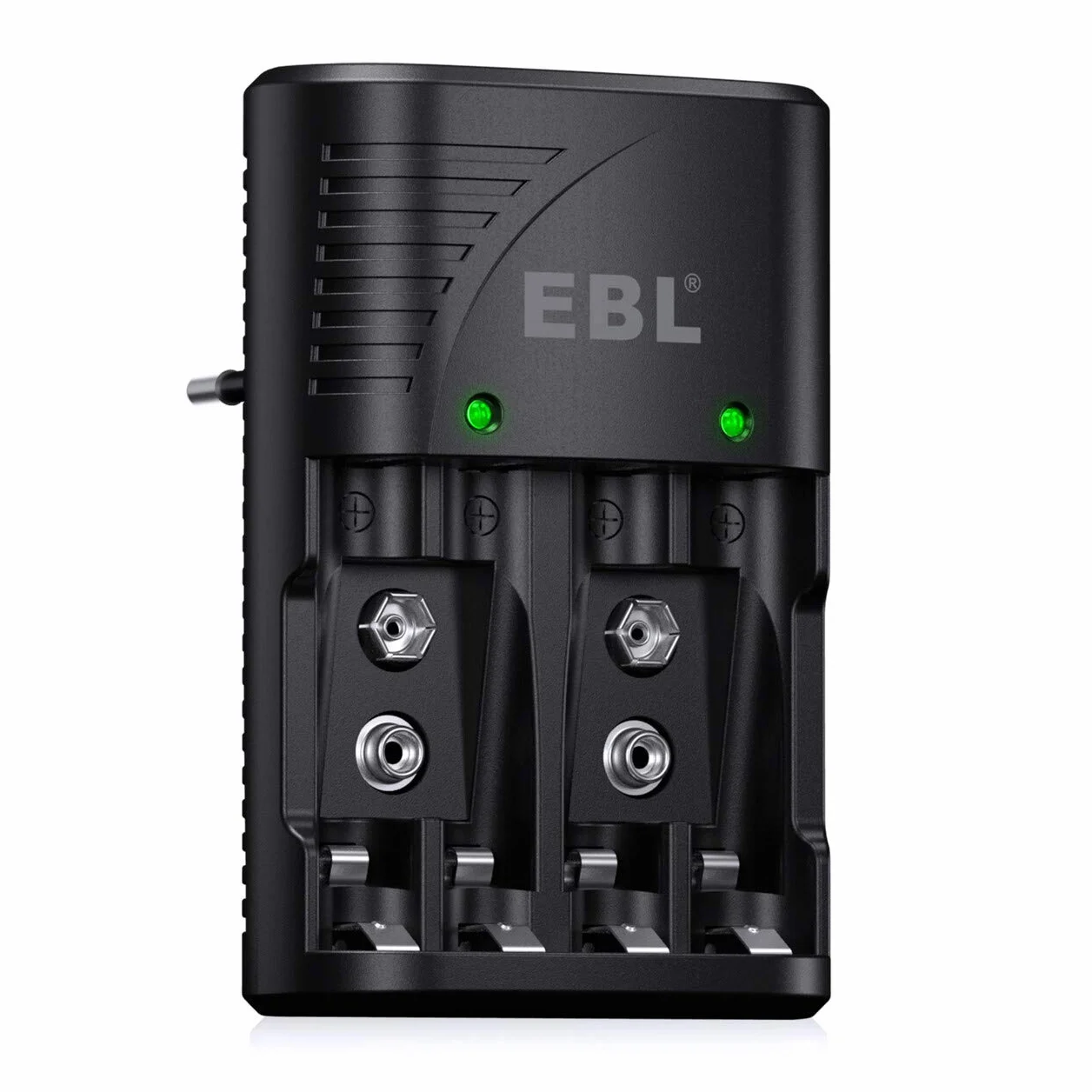 EBL Ładowarka do akumulatorów AA AAA 9 V NIMH, 4 gniazda ładowania Smart Plug, wielofunkcyjna ochrona, wyświetlacz LED, szybka ładowarka do AA AAA 9 V