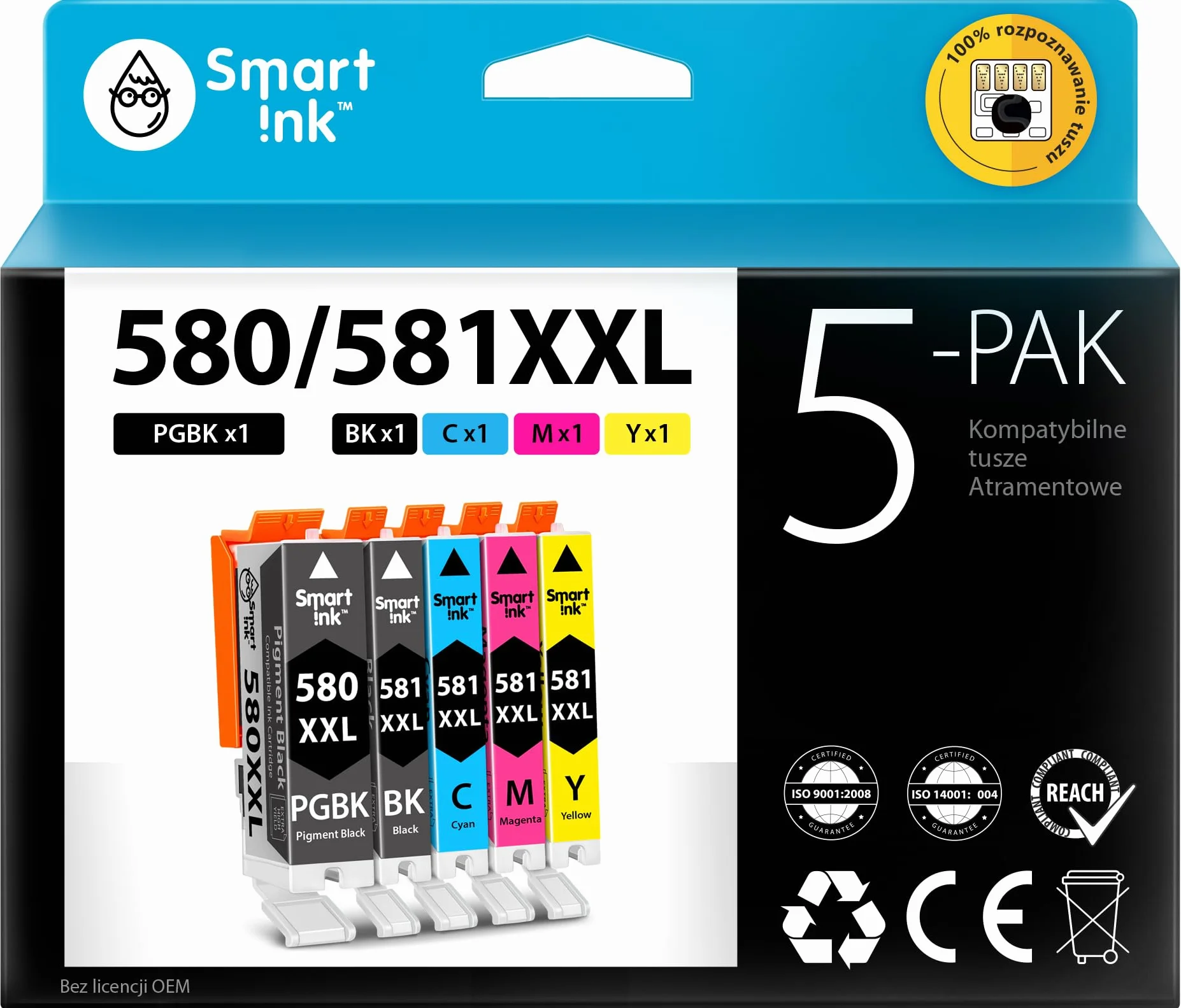 Smart Ink Kompatybilne wkłady atramentowe jako zamiennik do Canon PGI 580XXL CLI 581XXL 580 581 XXL (5 sztuk) do użytku z PIXMA TS6151 TS6150 TR8550 TS6250 TR7550 TS6251 TS9550 (PGBK & BK/C/M/Y)