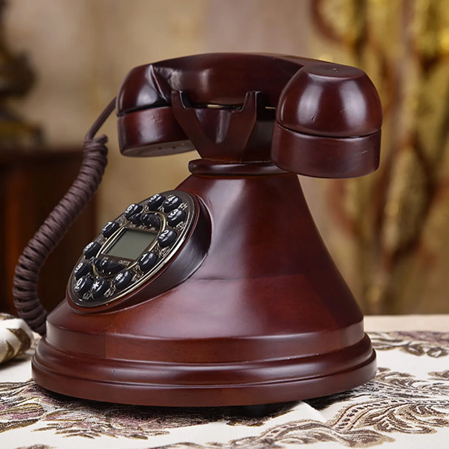 Telefon retro cyferblat, drewniany antyczny stały retro telefon lat 60. klasyczny dom biuro hote metal dla osób starszych dzwoniących stacjonarny