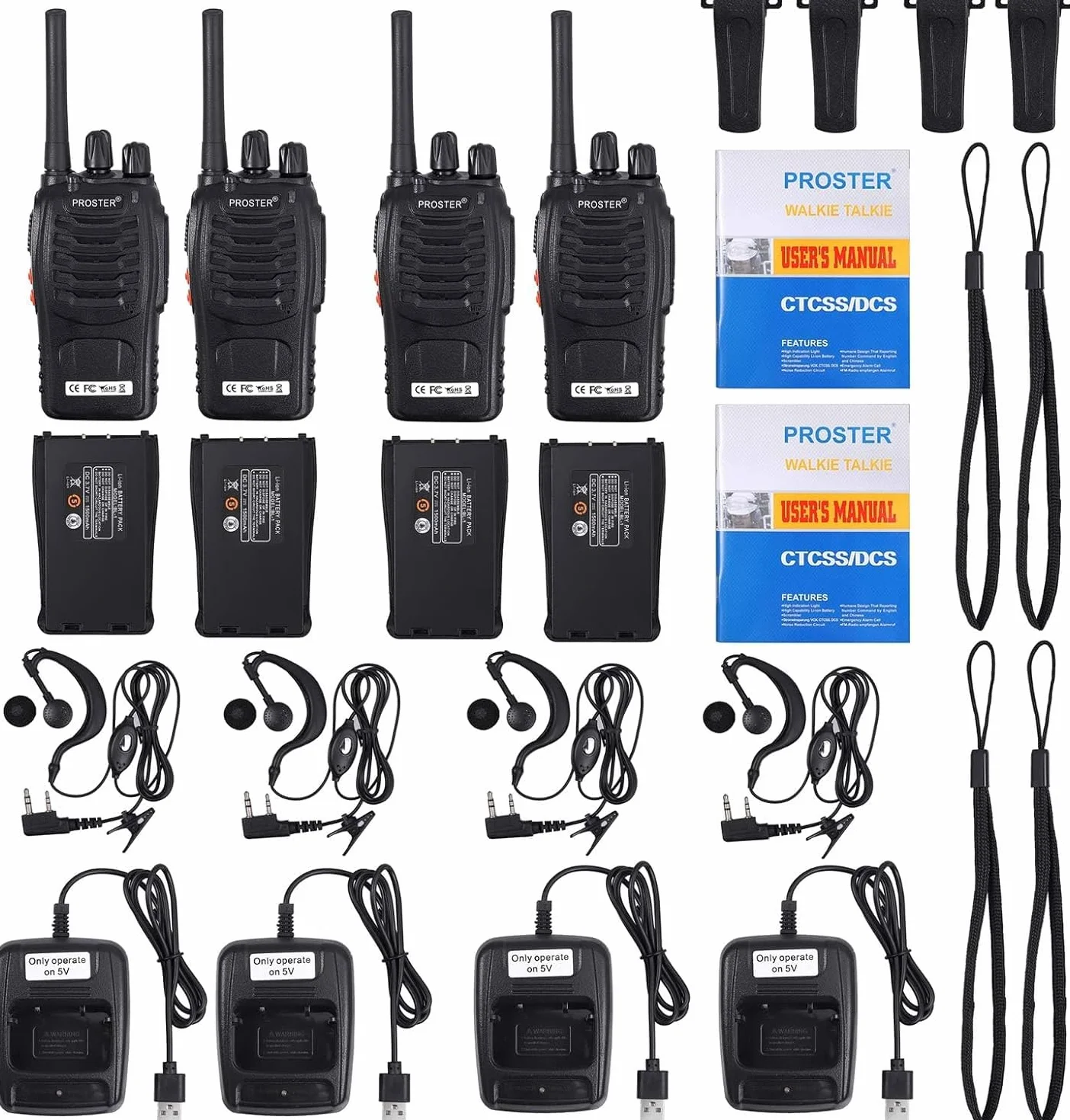 Proster Walkie Talkie 16-kanałowe radiotelefony PMR z komunikatem głosowym Akumulator z ładowarką USB i słuchawkami - czarny (2 pary)