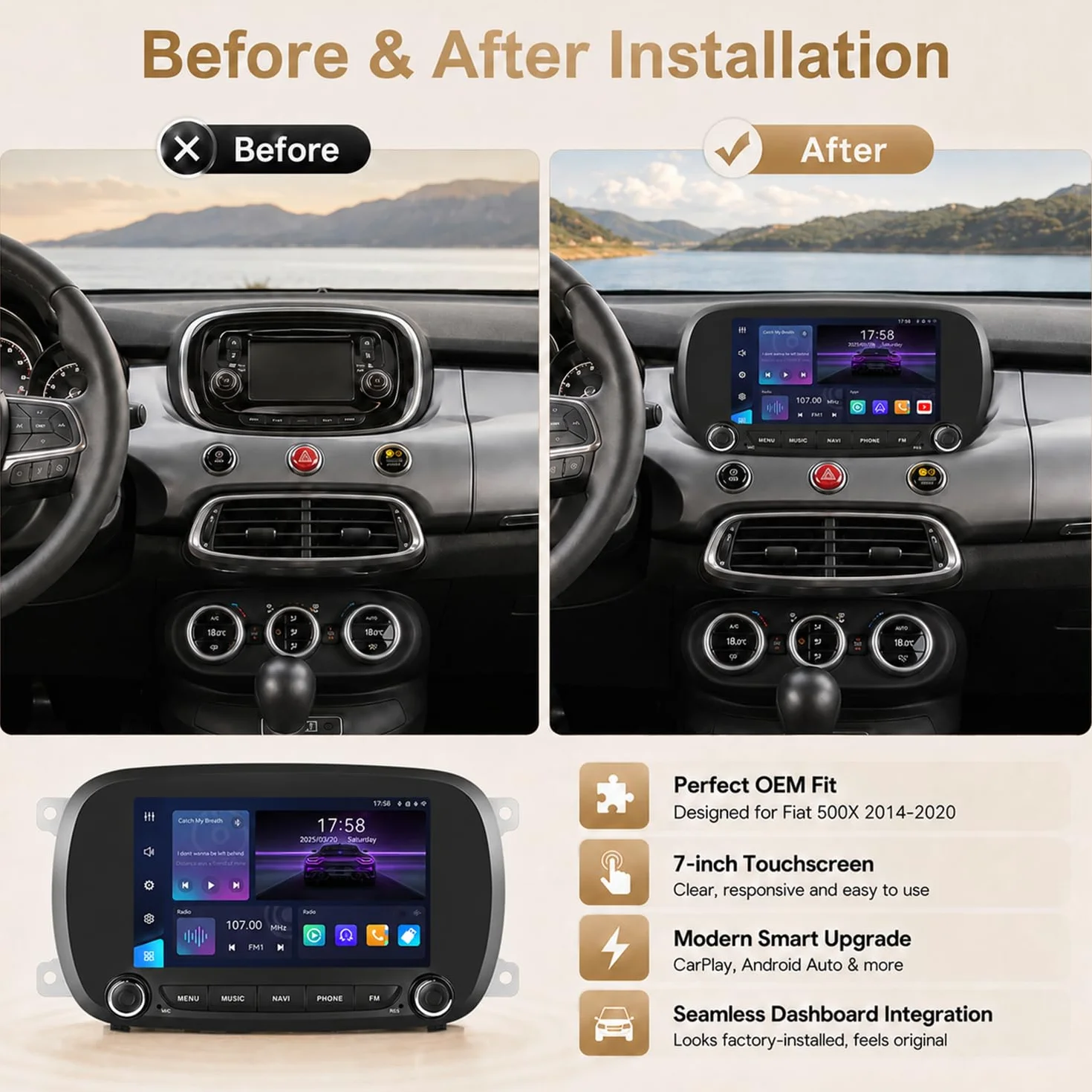 Linux radio samochodowe do FIAT 500X 2014-2020 z CarPlay i Android Auto | 7-calowy wyświetlacz HD, Plug & Play, Bluetooth, FM/AM/RDS/USB/DSP