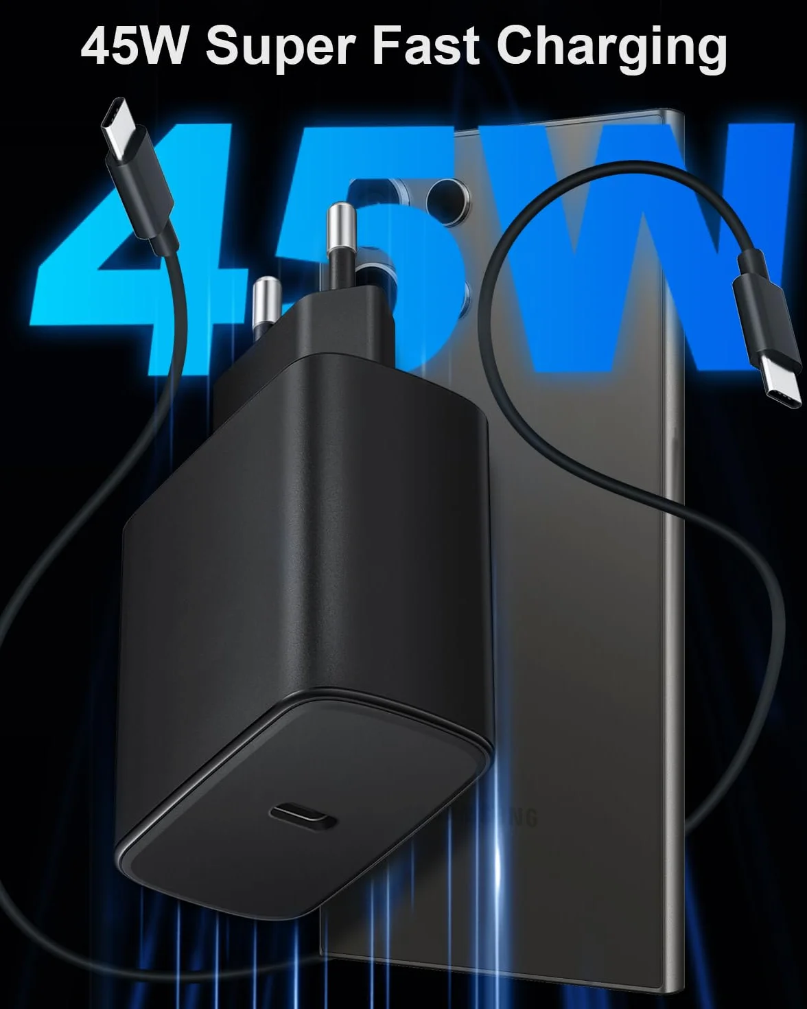 Ładowarka USB-C 45W Samsung Galaxy S25/S24/S23/S22/S21/A55/A54/A15/A56/A26/A53, zasilacz ścienny z kablem USB-C 2m