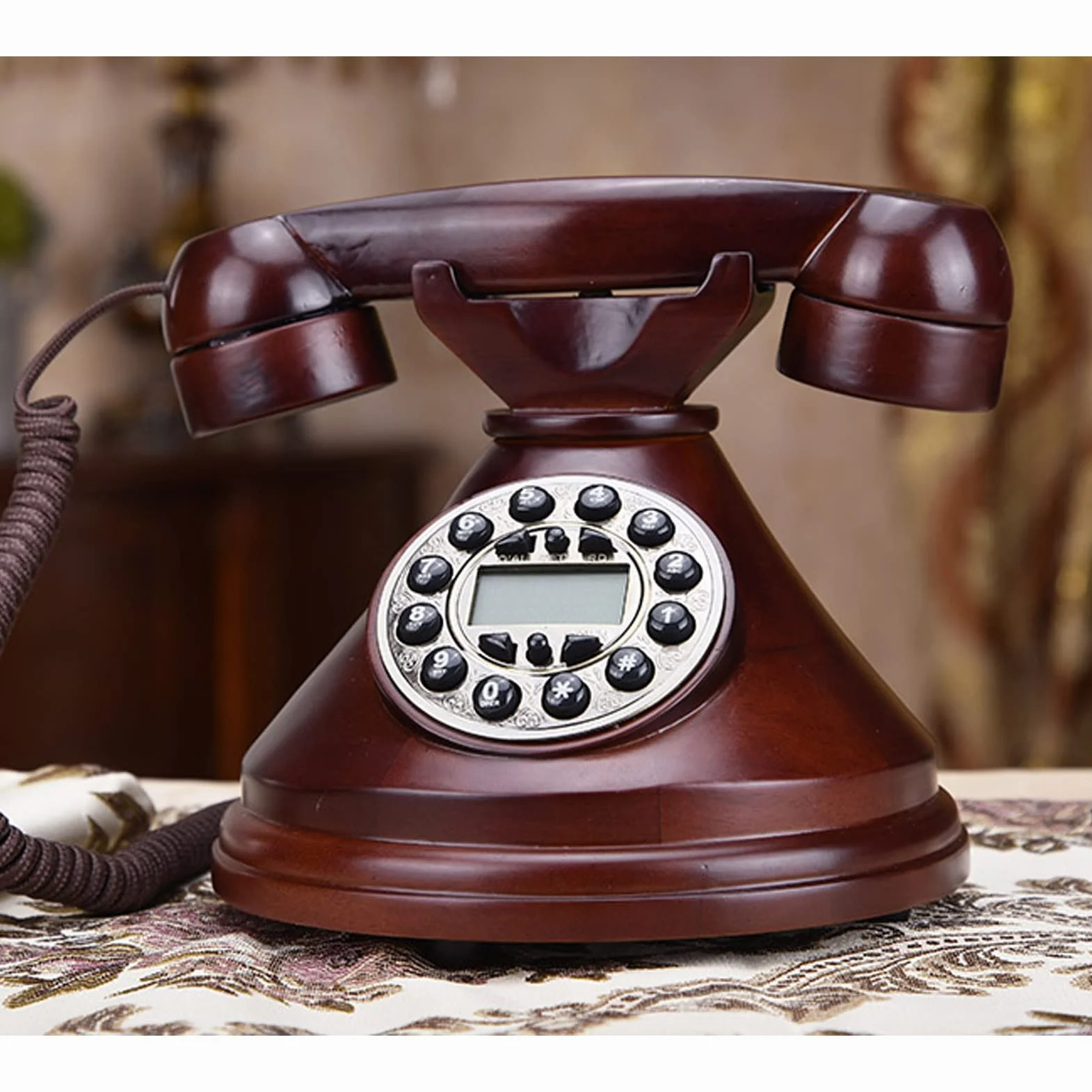 Telefon retro cyferblat, drewniany antyczny stały retro telefon lat 60. klasyczny dom biuro hote metal dla osób starszych dzwoniących stacjonarny