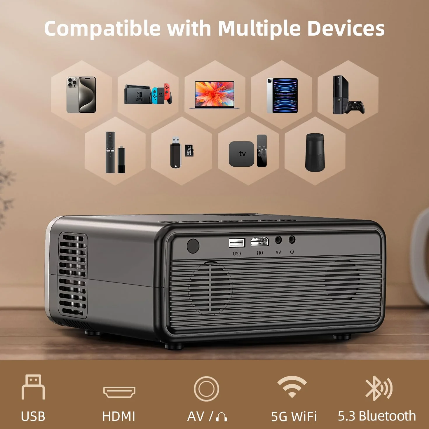 FUDONI Projektor z obsługą WiFi i Bluetooth 4K, ulepszone zewnętrzne projektory filmowe 16000 l, natywny 1080p FHD, projektor wideo do kina domowego, kompatybilny z HDMI/USB/iOS/Android/Windows/TV