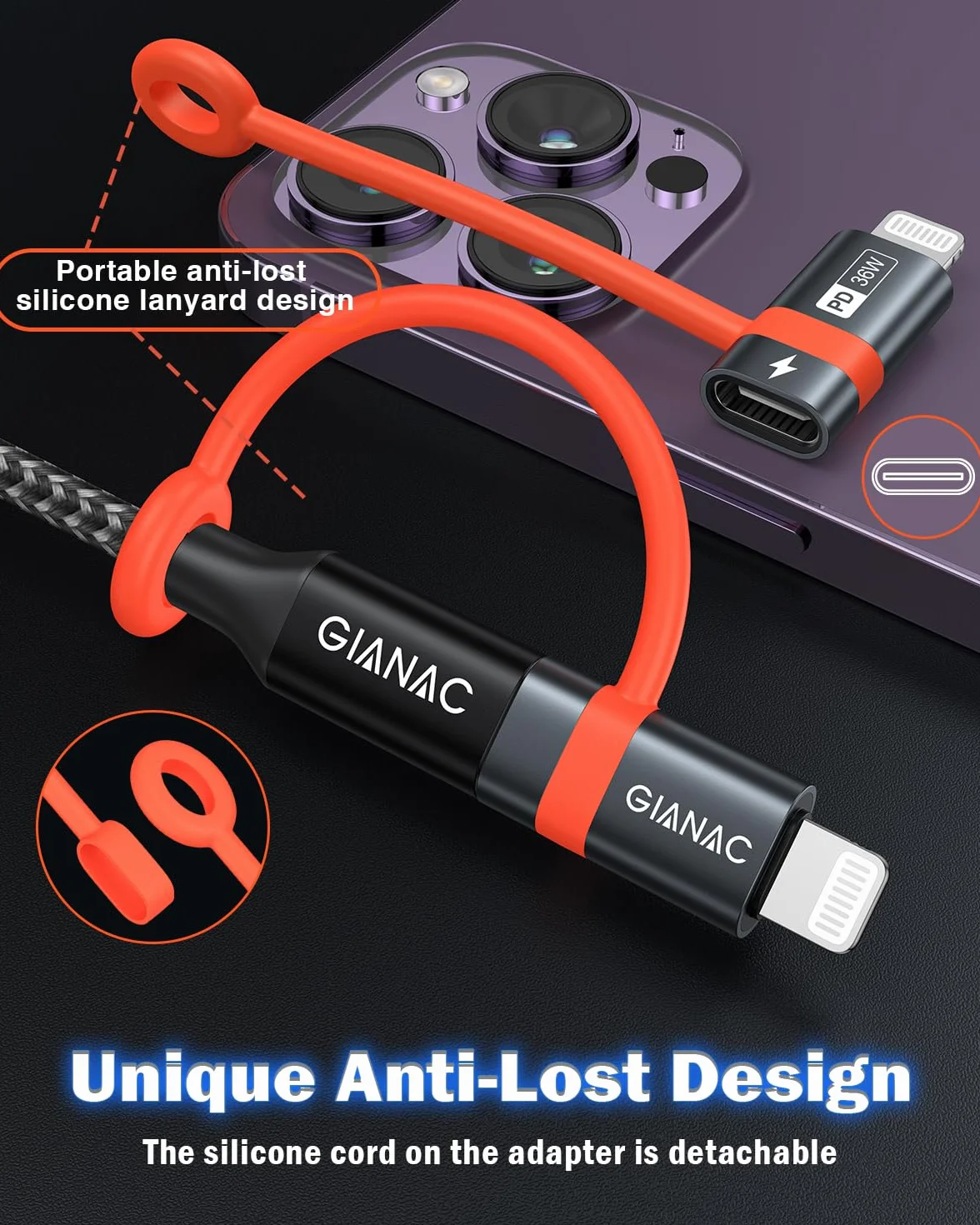 GIANAC Adapter USB C na Lightning (2 sztuki), szybkie ładowanie z linką zapobiegającą zgubieniu, adapter Lightning USB C do iPhone 14, 13, 12, 11 Pro Max, iPad Pro/Air