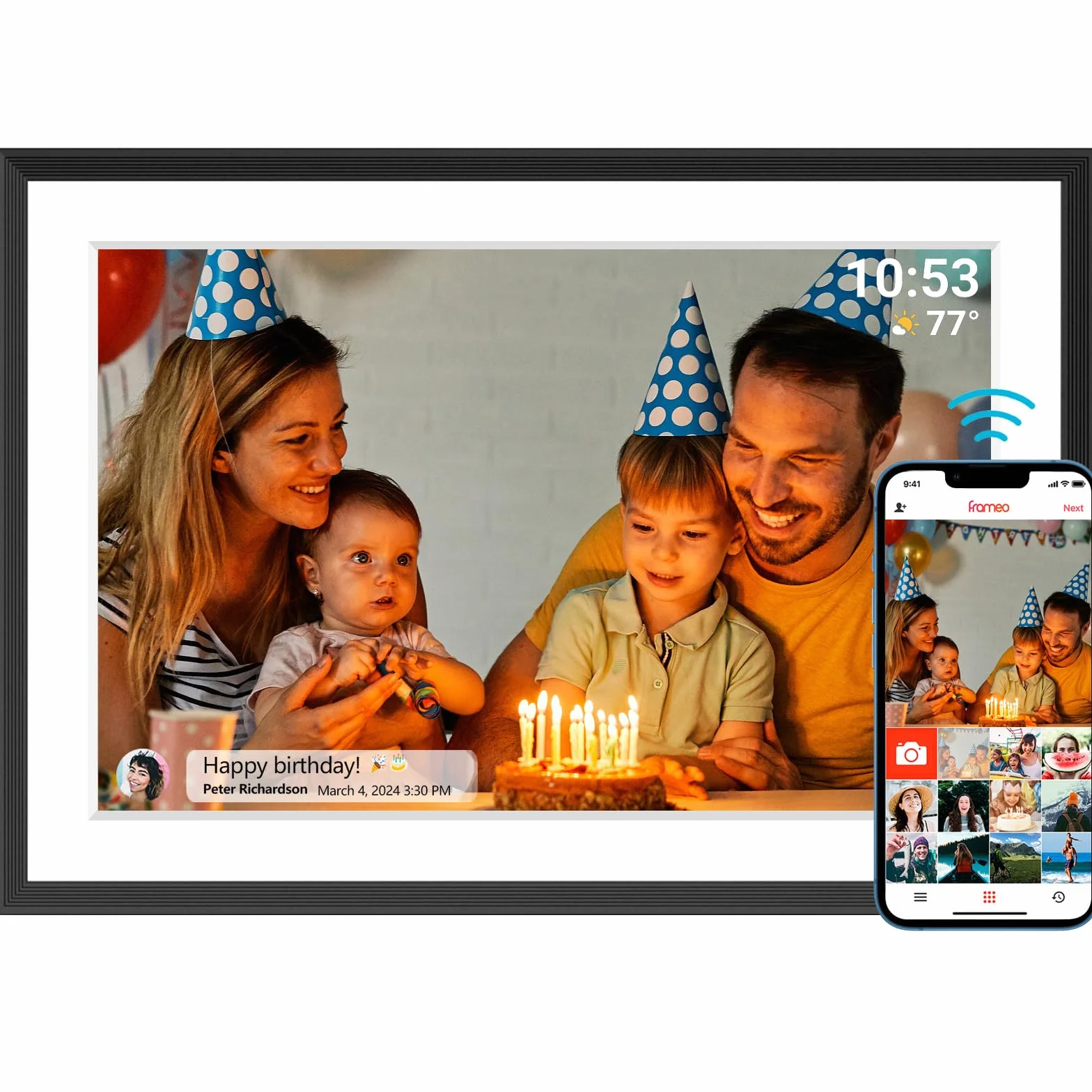 AKImart Cyfrowa ramka na zdjęcia 32 GB WLAN, ekran dotykowy IPS LCD 1280 x 800, wbudowana pamięć 32 GB, montaż na ścianie, udostępnianie chwil za pomocą aplikacji Frameo