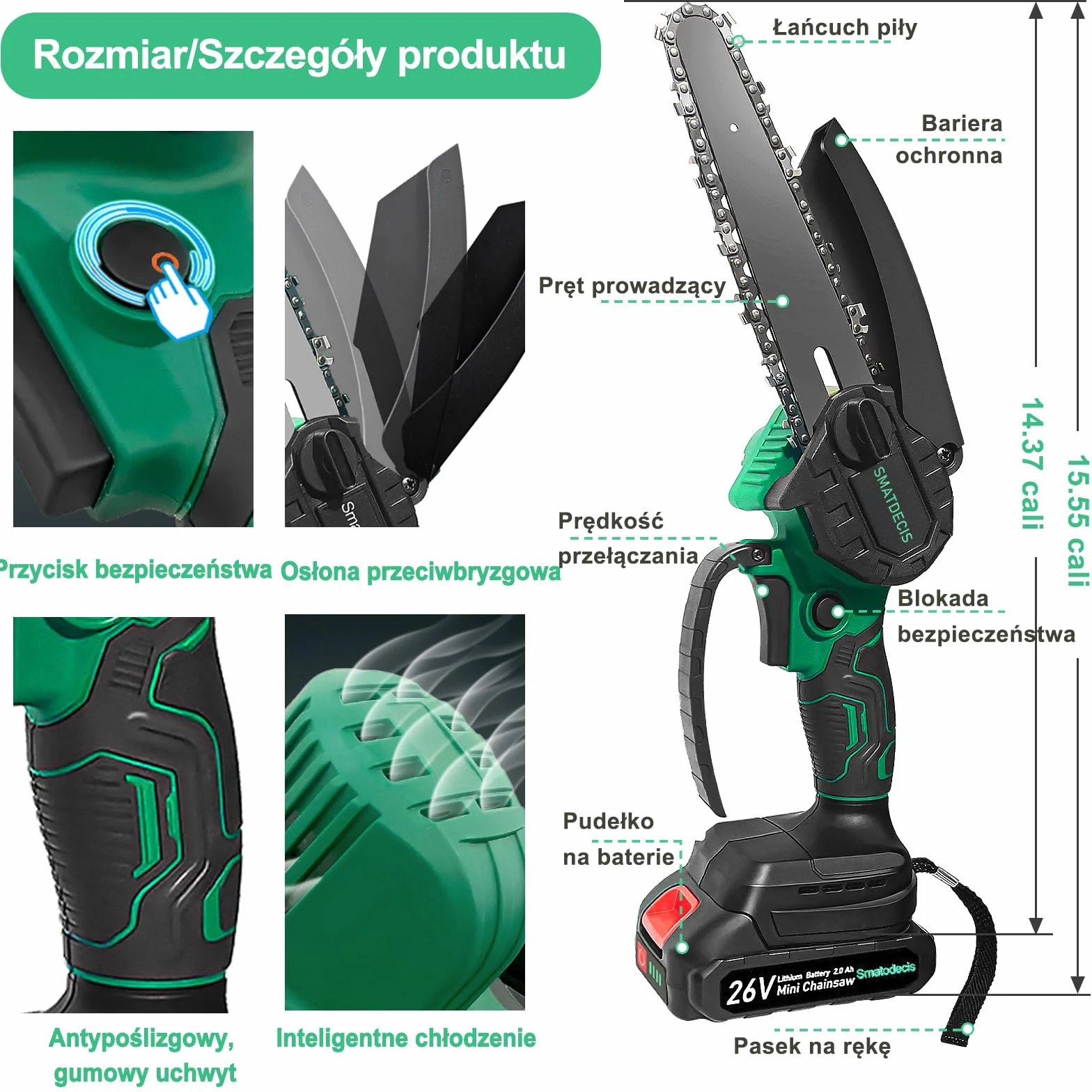 Minipiła łańcuchowa akumulatorowa 4000 mAh 10-15 cm bezszczotkowa z zapasowym łańcuchem