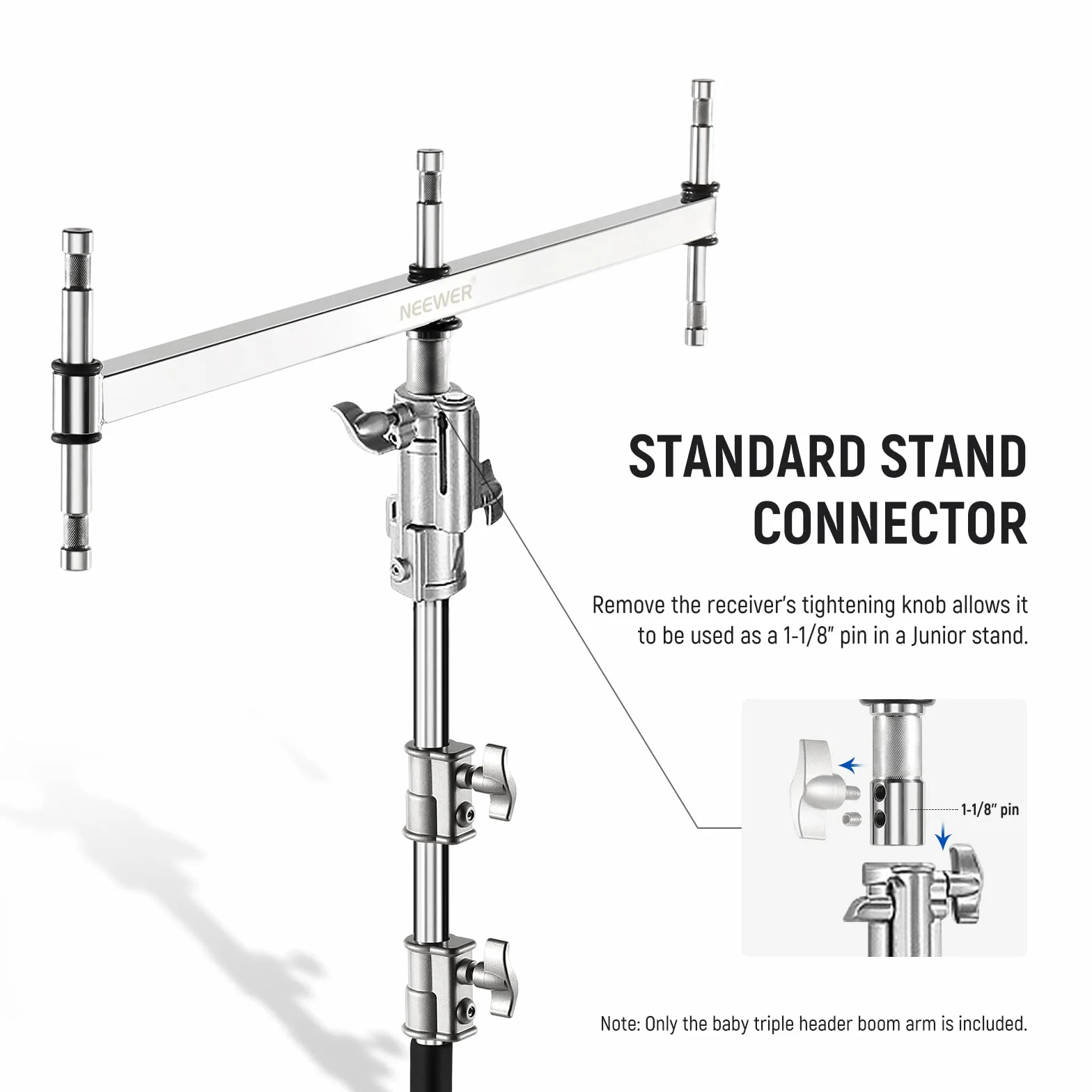 NEEWER Potrójne ramię strzałki Adapter do oświetlenia stojaka C z 5 pinami 5/8" do oświetlenia wideo/błysku, 1 piny 1-1/8", kołek 16 mm/odbiornik 28 mm junior, stal nierdzewna, UA005