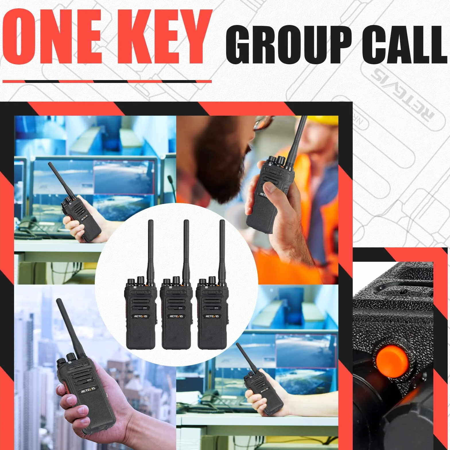 Retvis NR630 Walkie Talkie dla Dorosłych, Długi Zasięg, IP67 Waterproof 2 -Way Radio, Anulowanie Szumów, Połączenie Grupowe, 2800 mAh Walkie Talkie na Plac Budowy, Wykonawca (czarny, 3PC)