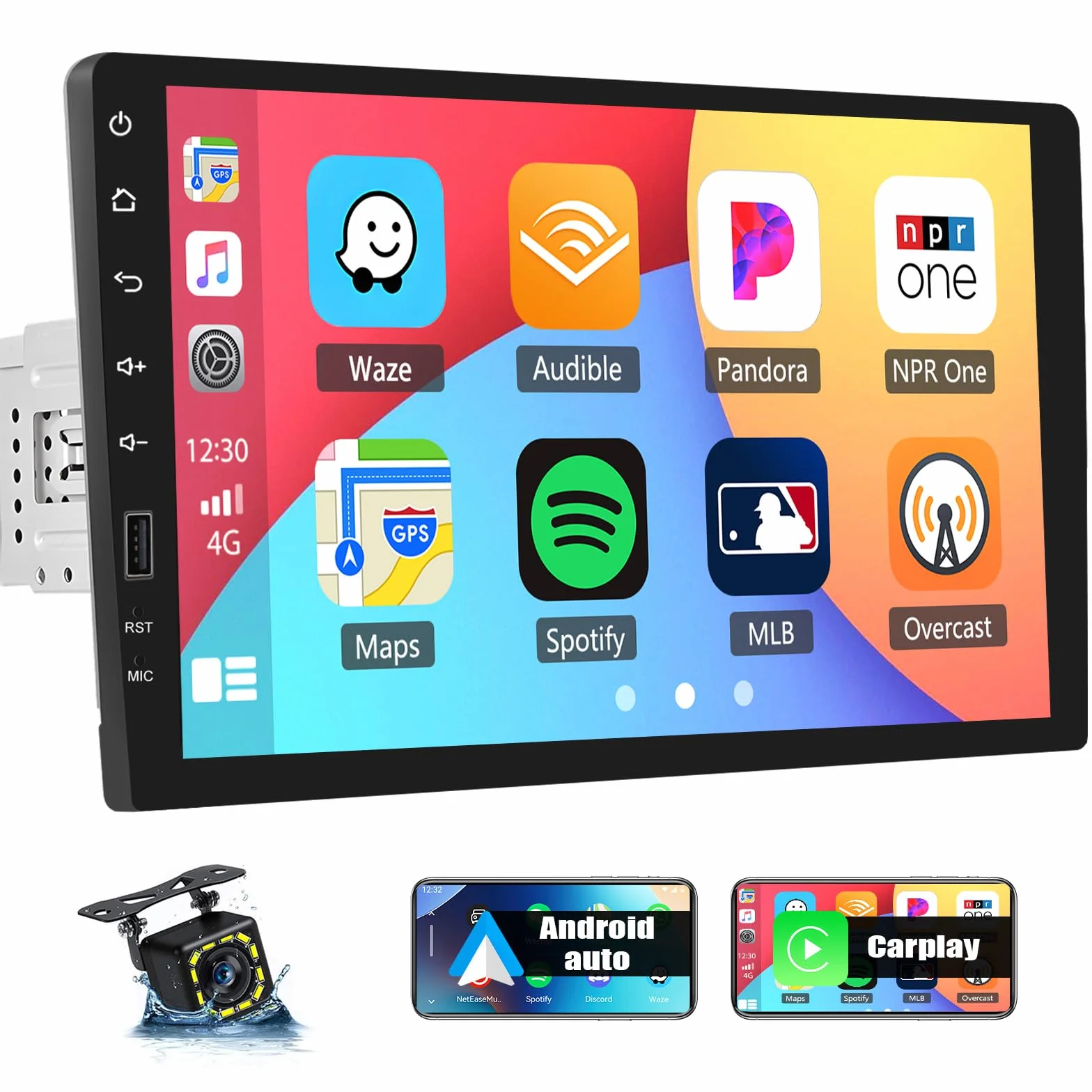 Radio CAMECHO 1-Din, 9 cali, Wireless Carplay Android Auto YouTube Bluetooth z ekranem dotykowym z kamerą cofania, Lusterko Link, FM/AM/RDS, SWC, 2 USB, sterowanie kierownicą