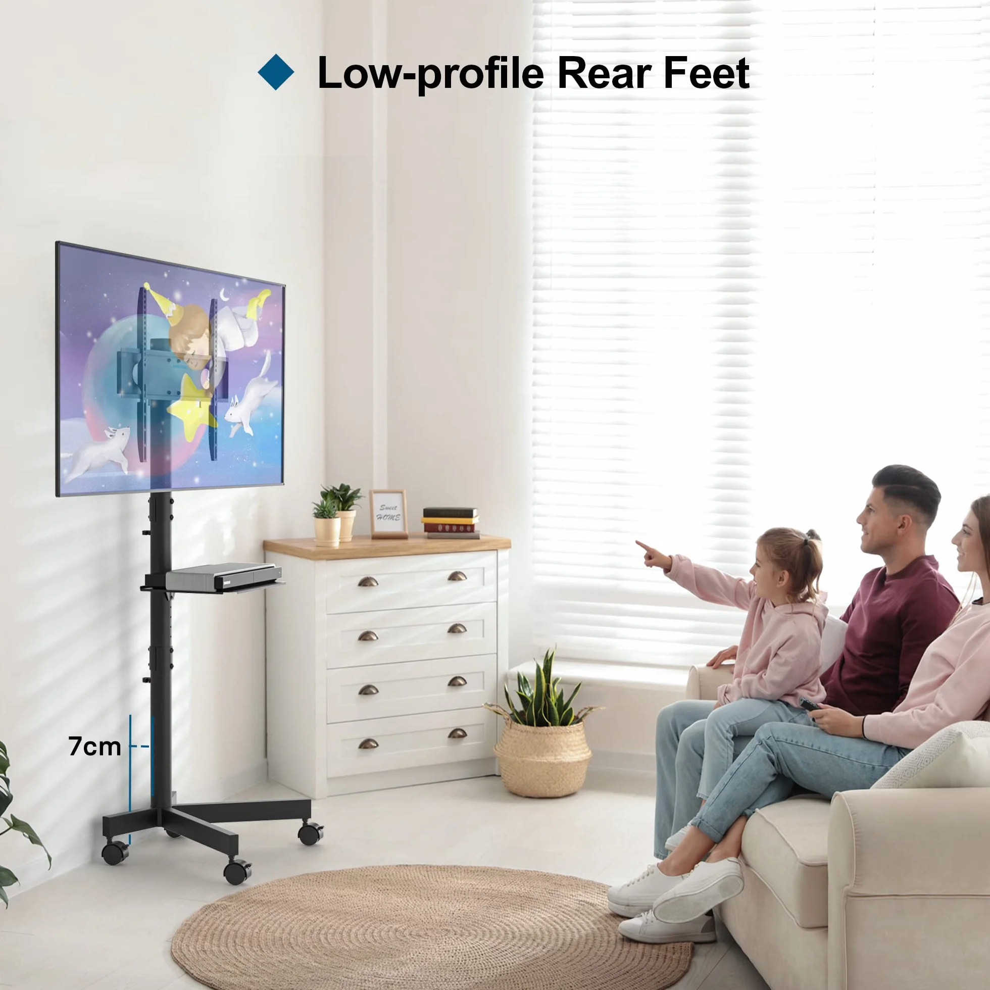 BONTEC Mobilny Stojak TV na Kółkach do Telewizorów Plazmowych/LCD/LED 23-60 cali, Przenośny Stojak TV z Półką na Laptopa, Wózek TV z Regulacją Wysokości na Kółkach do 25kg, Max. VESA 400x400mm