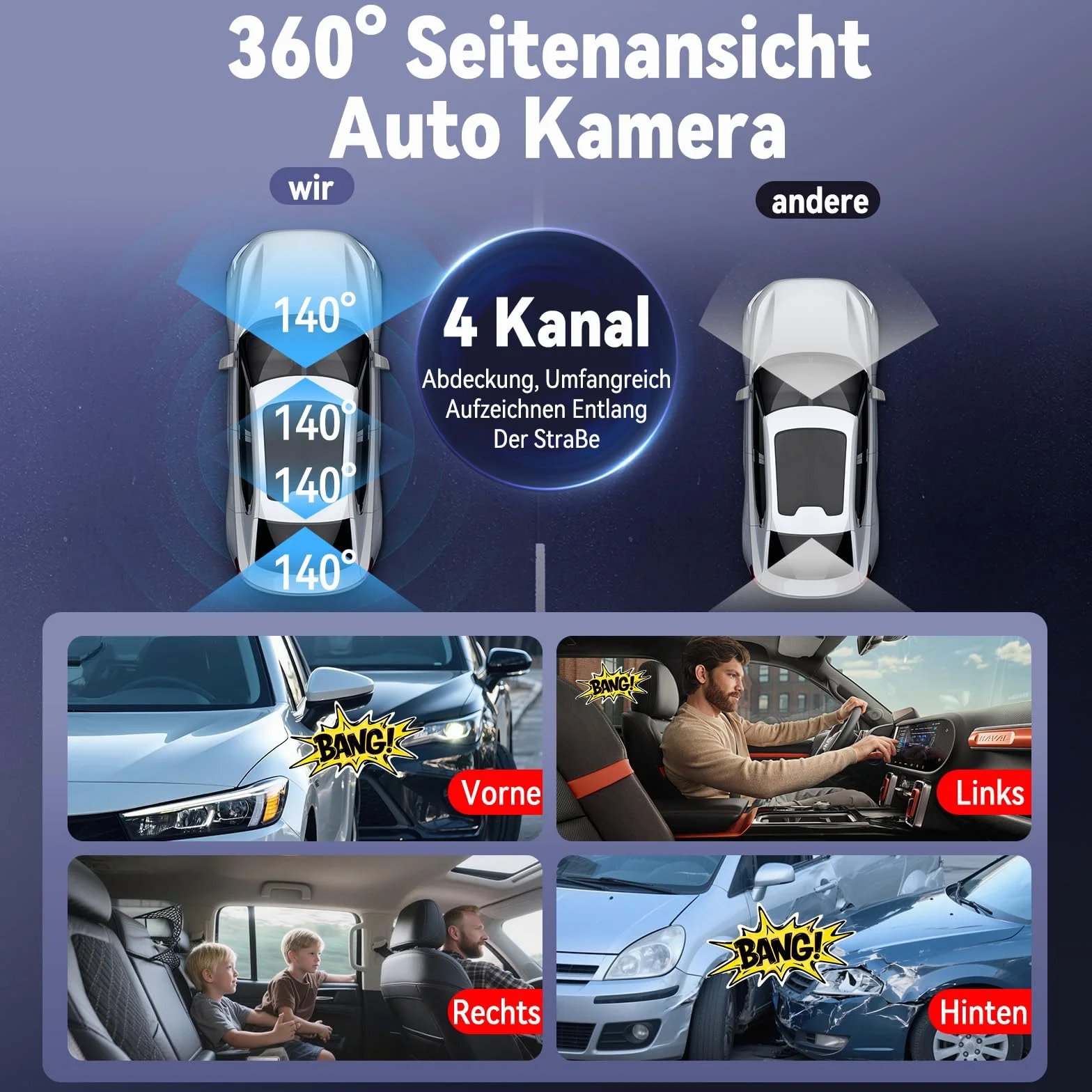 Kamera samochodowa 360° z przodu, z tyłu, 4-kanałowa kamera samochodowa FHD 4K + 1080Px3, bezpłatna karta SD 64 GB, szeroki kąt widzenia 4 x 140°, widoczność w nocy WDR (8 diod IR), czujnik G