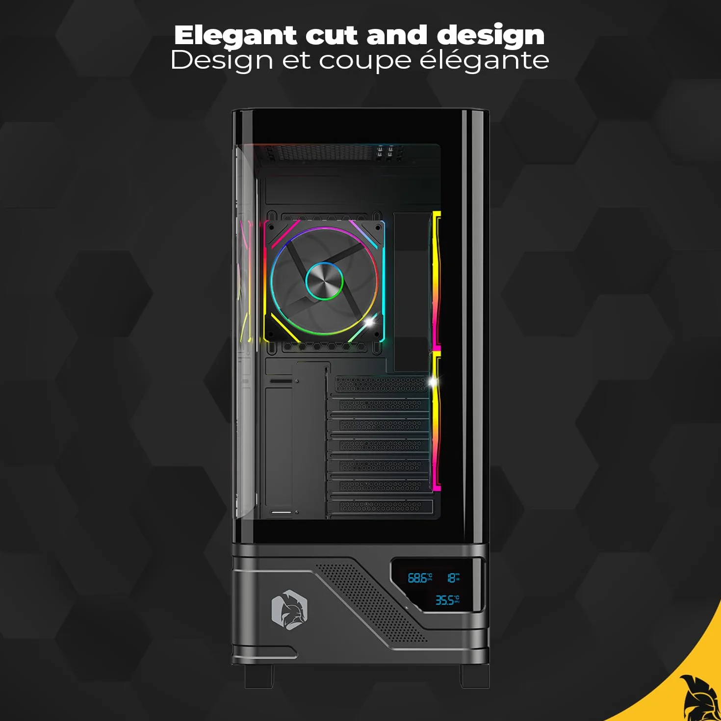 EMPIRE GAMING ECM252 Średnia wieża obudowa do gier - wbudowany cyfrowy wyświetlacz (temperatura procesora/GPU, RPM) - 3 wentylatory ARGB - kompatybilne z ATX, Micro-ATX, ITX - USB C (czarny)