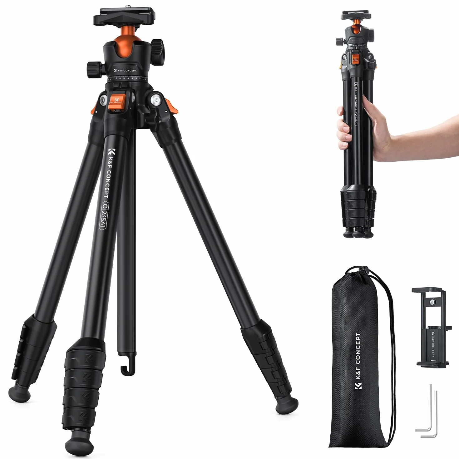 K&F CONCEPT Statyw o wysokości 163 cm/64" z głowicą kulową, wykonany z wytrzymałego aluminium, do aparatów DSLR i smartfonów, z uchwytem na telefon i tablet.