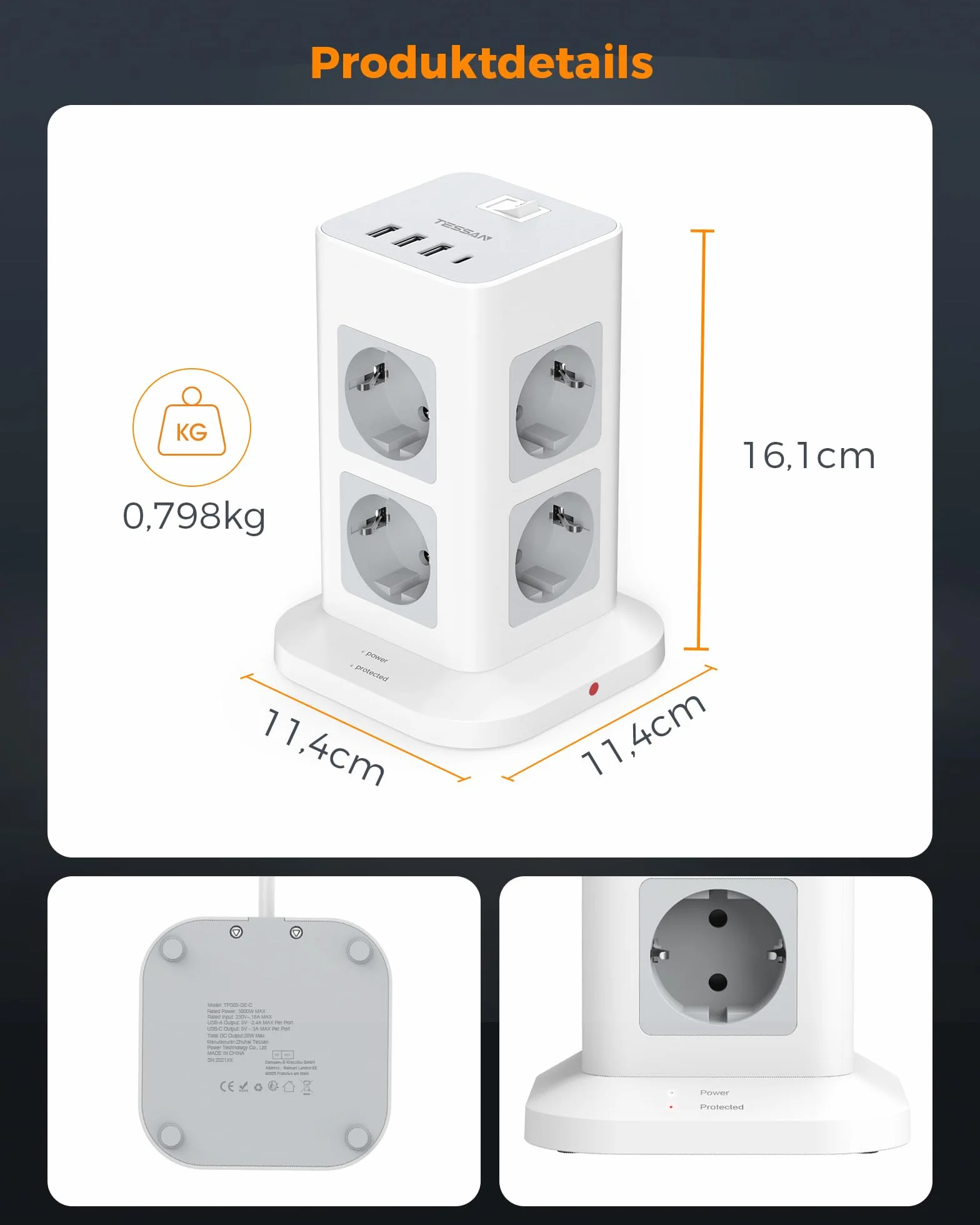 TESSAN Listwy zasilające, ochrona przed przeciążeniem, 8 gniazd, z 3 USB A i USB C, listwa zasilająca pionowa z przełącznikiem, przedłużacz 2 metry, złodziejka 3600 W