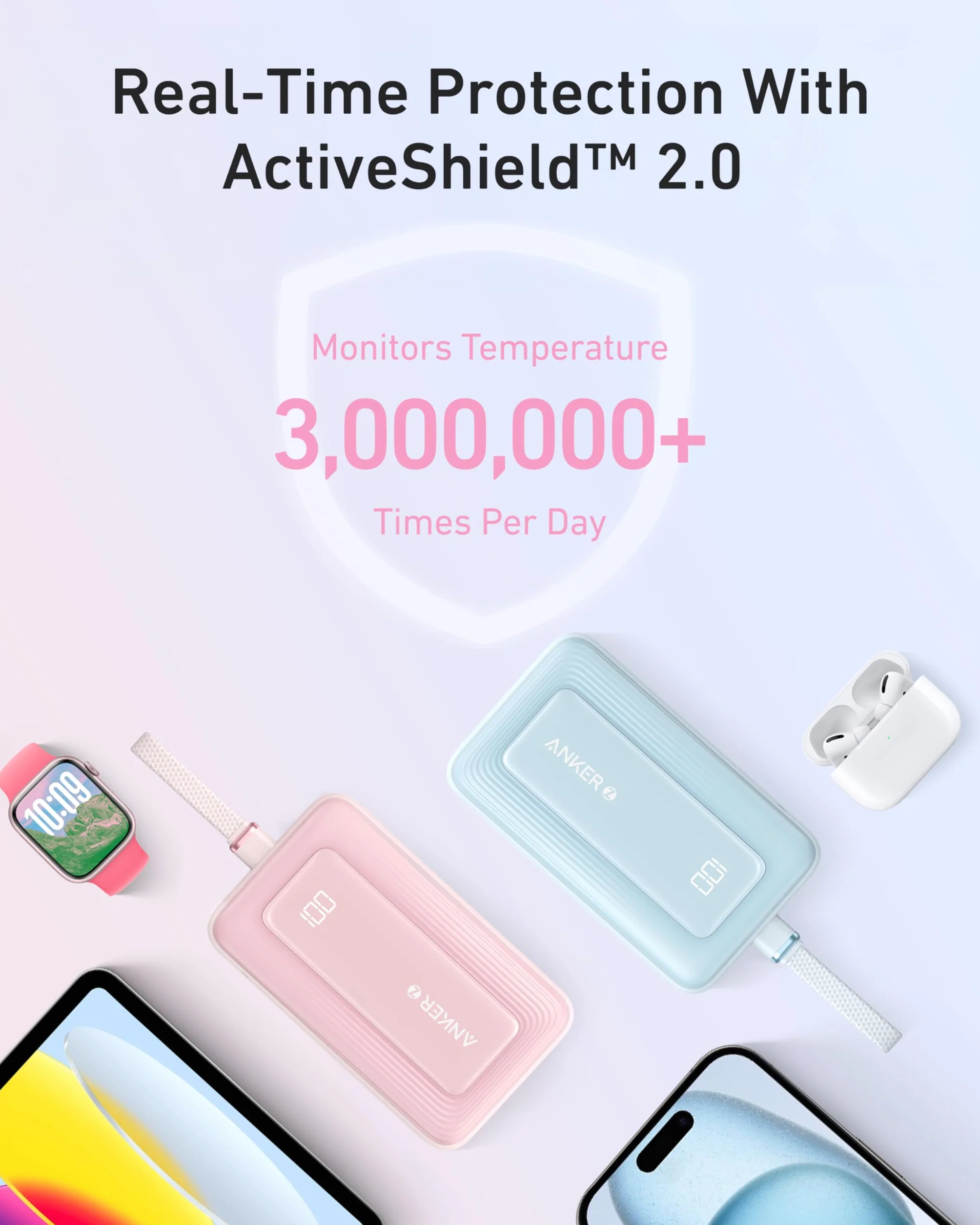 Powerbank Zolo firmy Anker, 20 000 mAh 30 W, szybka przenośna ładowarka z wbudowanym kablem USB-C, 1 USB-C, 1 USB-A, akumulator do iPhone'a 15/15 Pro/15 Pro Max/15 Plus, Galaxy i innych (różowy)