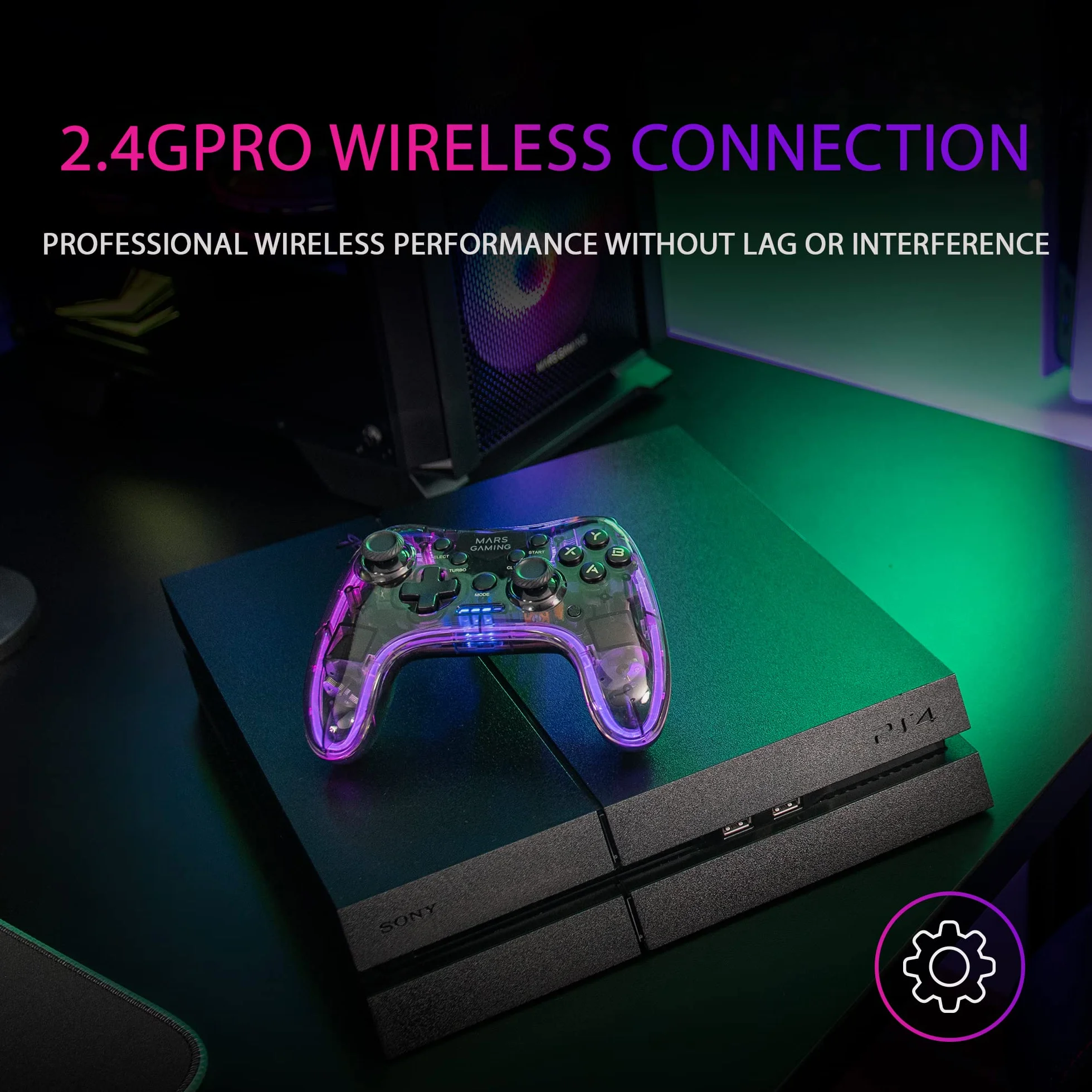 Mars Gaming MGP-24, Bezprzewodowy Gamepad 2.4GPRO, Neon RGB, Dual Wibracje Haptyczne, Joysticki Analogowe, Kontroler do PC, PS3, PS4, X360, Raspberry Pi, Mac, Android