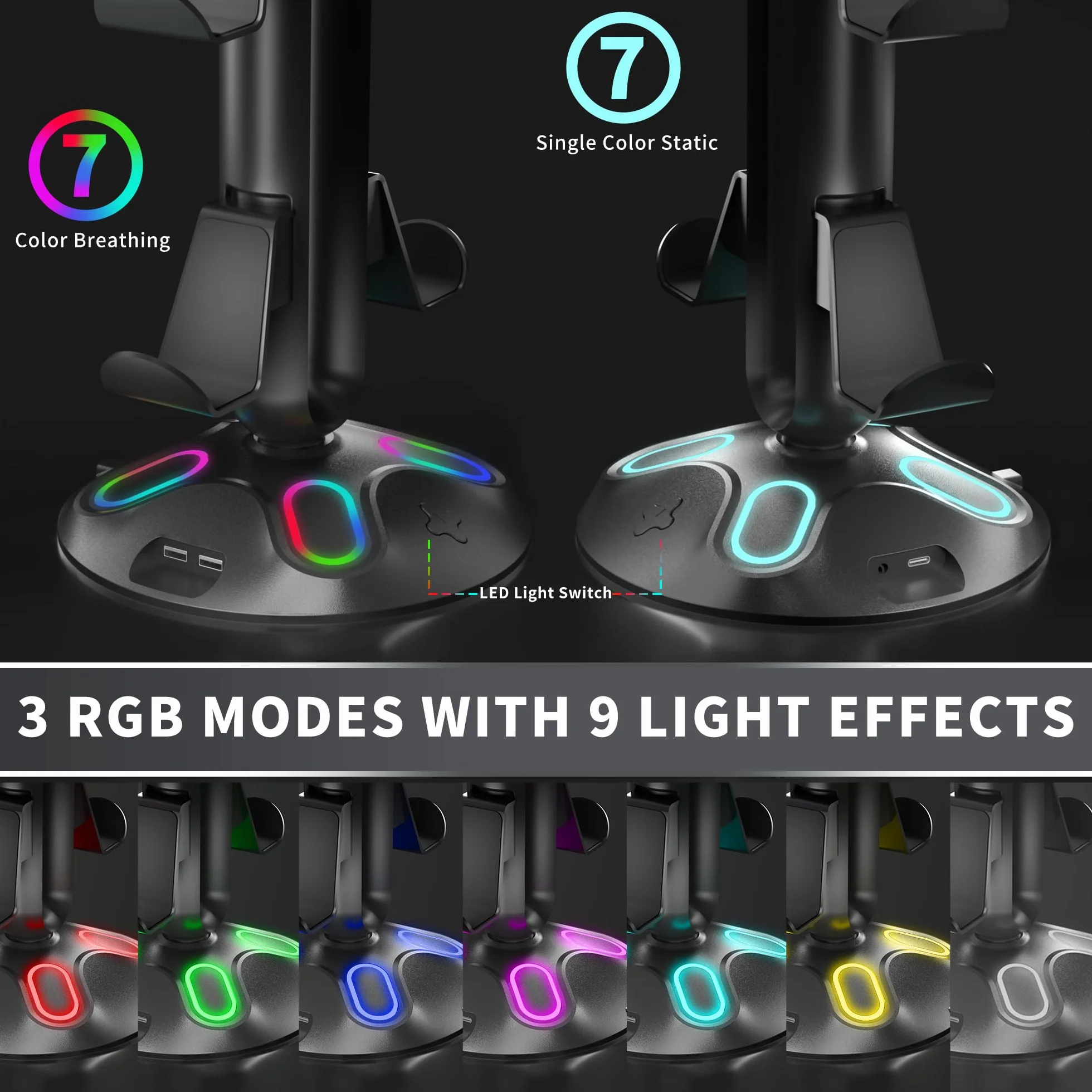 Uchwyt na słuchawki do gier RGB, uchwyt na kontroler Canmarin z 9 trybami oświetlenia - uchwyt na słuchawki z 2 portami ładowania USB i 3,5 mm oraz typ-C, akcesoria do zawieszenia dla biurków i graczy
