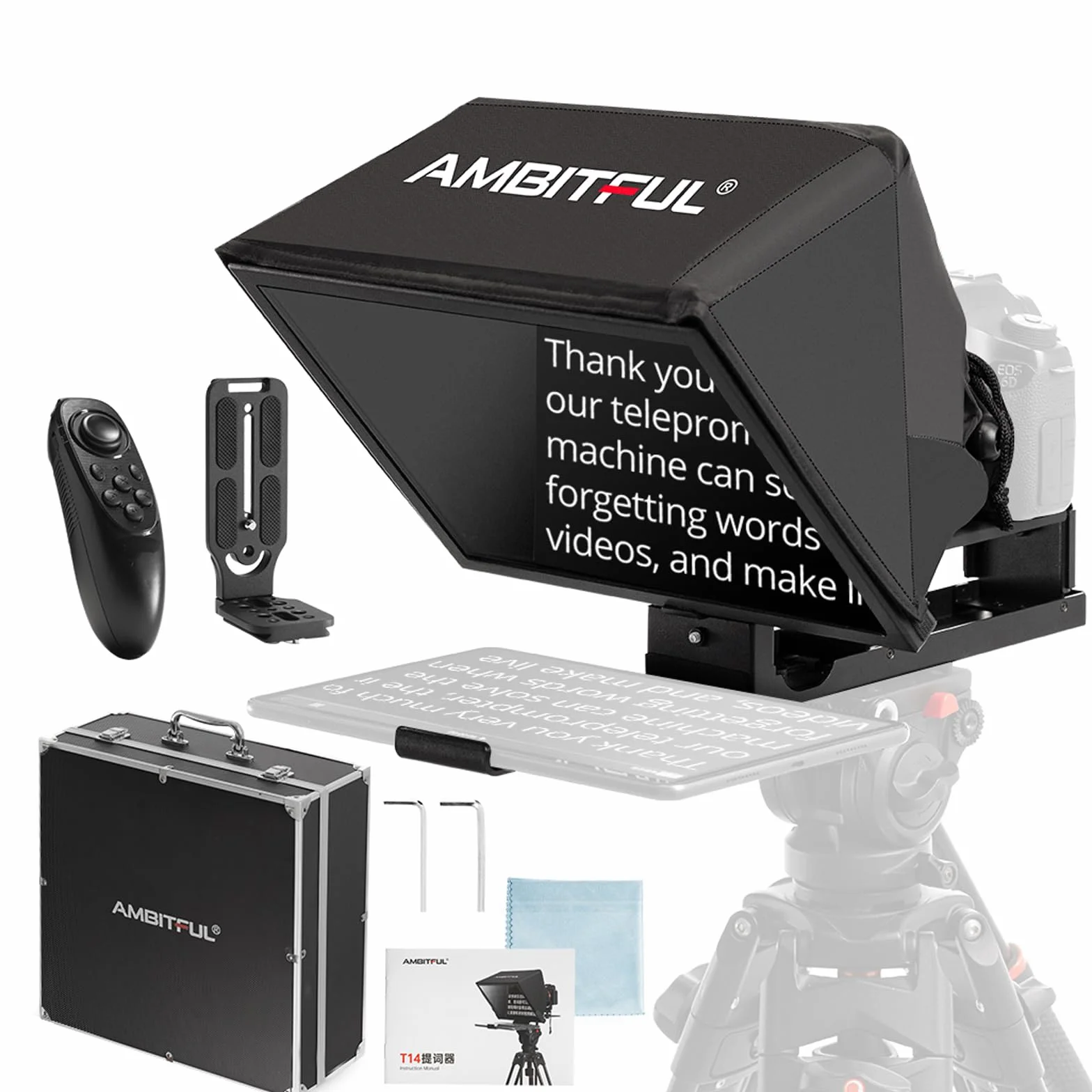 Ambitful T14Pro Teleprompter 35.6 cm do aparatu, iPada tabletu z systemem Android, smartfona, sterowanie aplikacją/bez montażu, kompatybilny z iOS Android, do technik online, wywiadów, vloggera