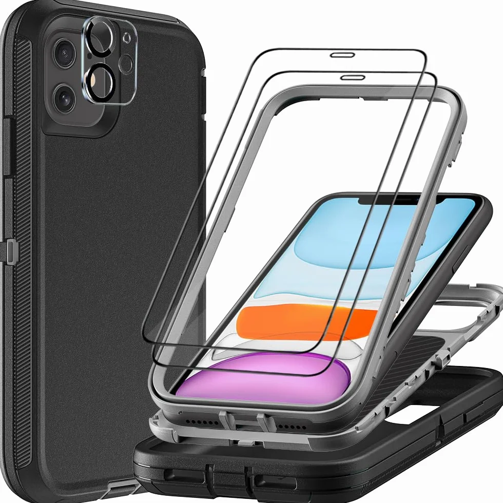 Etui do iPhone'a 11 z 2 szt. ochraniaczy ekranu ze szkła hartowanego i 1 szt. ochraniaczy obiektywu aparatu, klasa wojskowa 3 w 1, wytrzymałe, odporne na wstrząsy, upadki, kurz, czarne