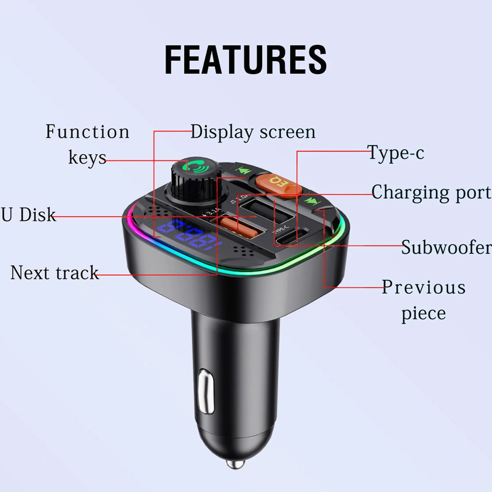 Ouitbe ładowarka samochodowa Bluetooth DC12-24V FM transmiter typ C 2 porty USB odtwarzacz MP3