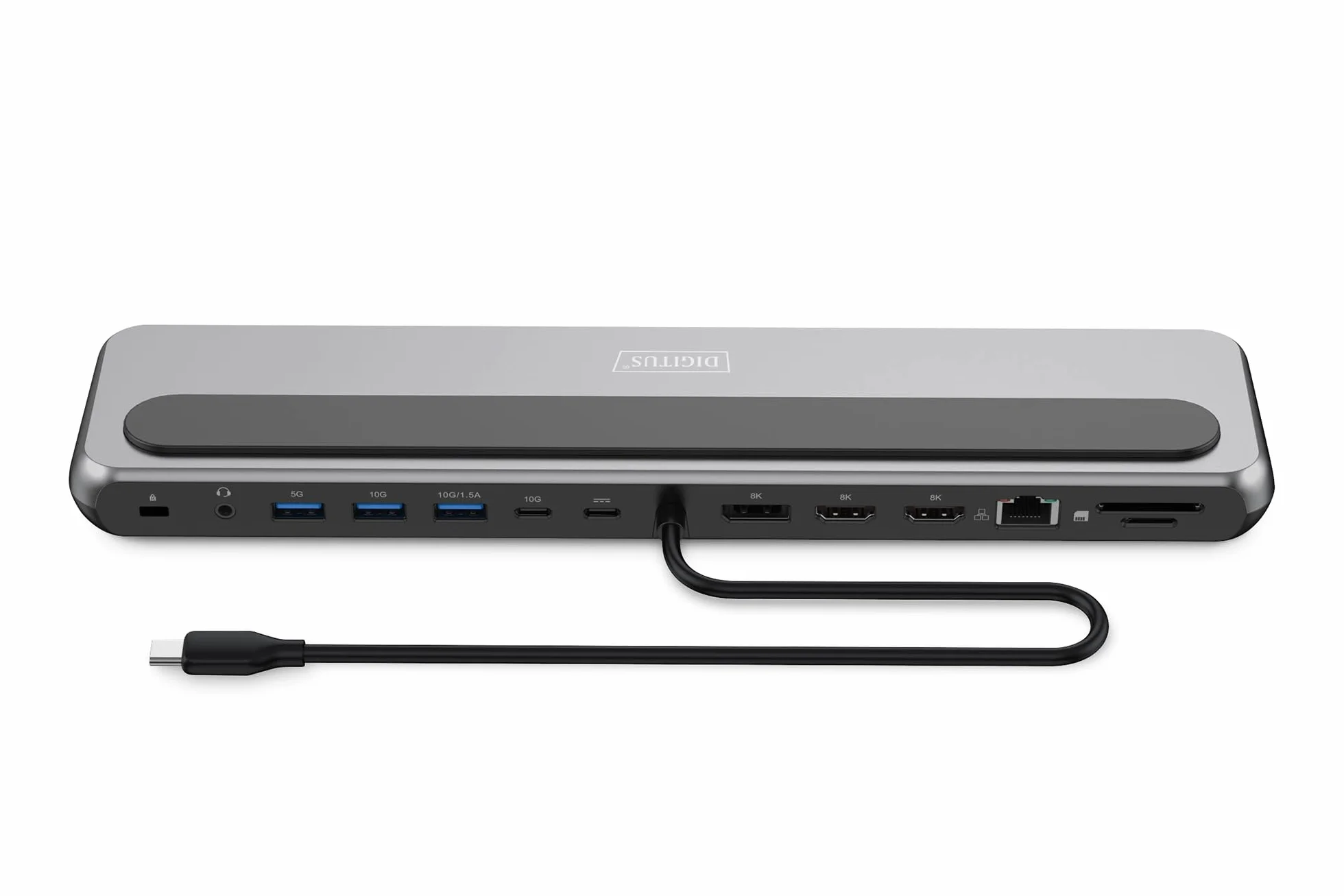 DIGITUS Stacja dokująca do notebooka – 12 portów – 2x HDMI, 1x DisplayPort 8K 30Hz – 2x USB-A 3.2 Gen2, 1x Typ-A 3.2 Gen1, 1x USB-C 3.2 Gen2 – 1x RJ45 – Czytnik kart SD/MicroSD – Złącze 3,5 mm – Szara