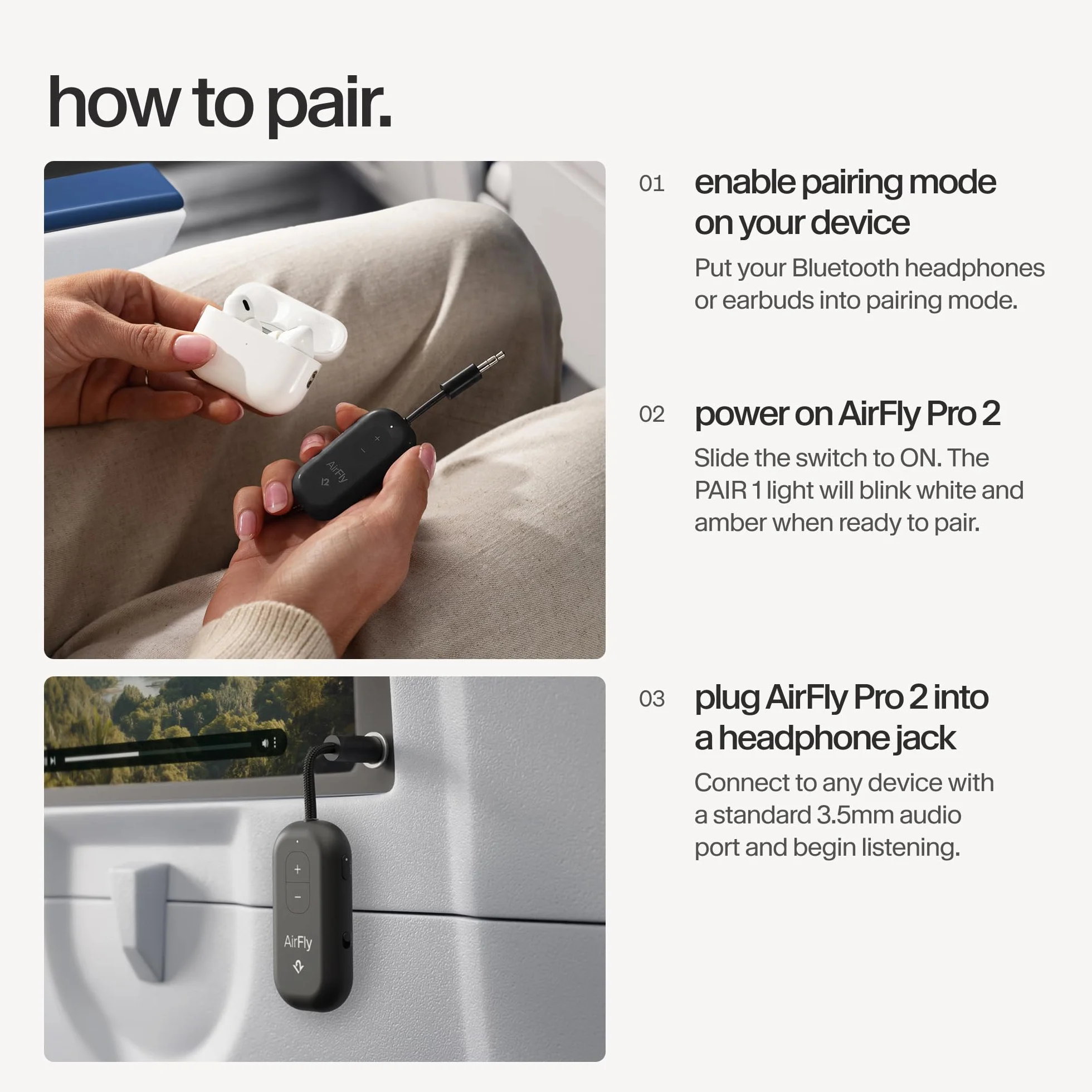 AirFly Pro 2 Podłącz słuchawki Bluetooth do dowolnego gniazda słuchawkowego, takiego jak samoloty, bieżnie lub konsole do gier, aby słuchać bezprzewodowo w dowolnym miejscu