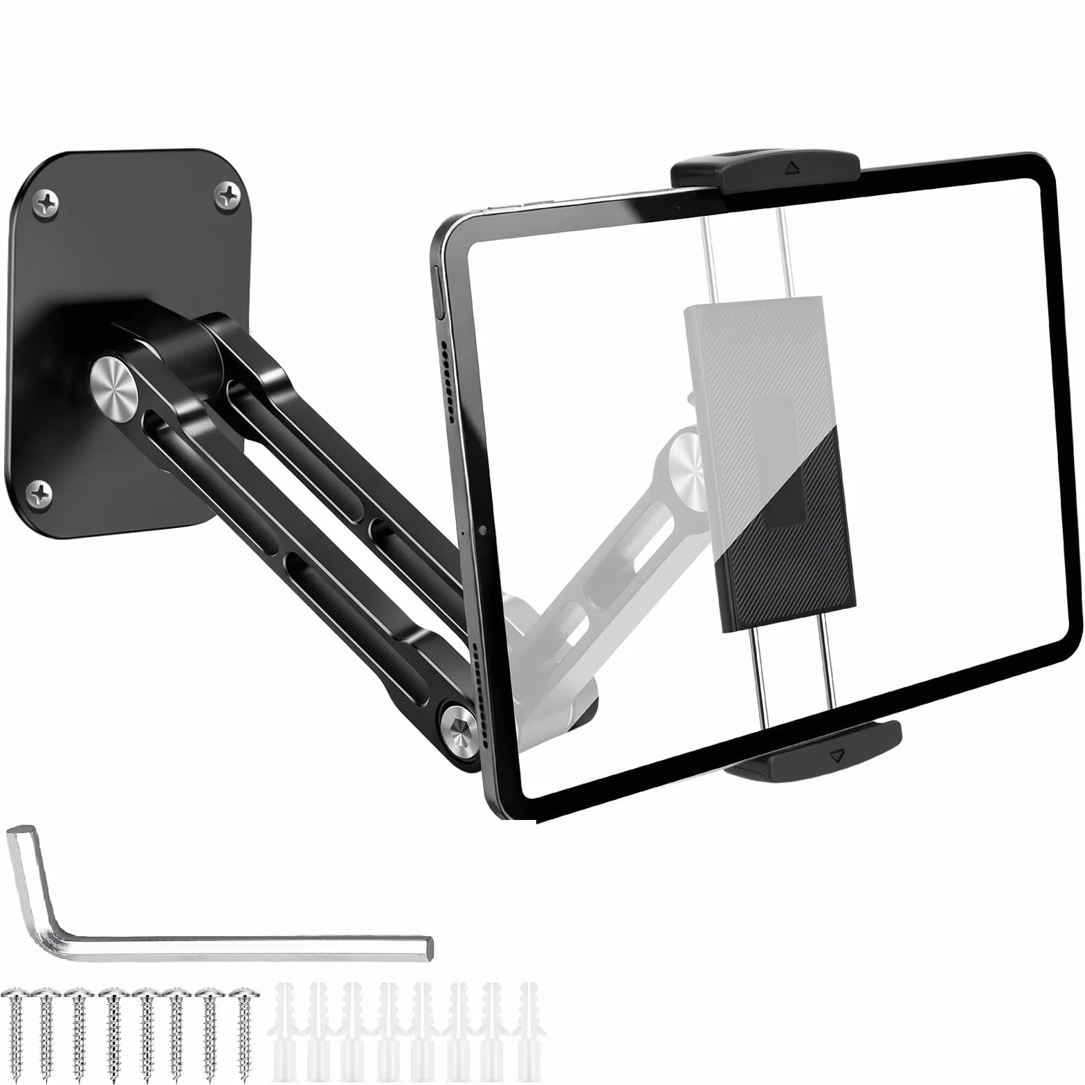 EEEKit Uchwyt ścienny do tabletu, obracany o 360°, regulowany uchwyt ścienny na iPada z aluminiowym wysuwanym ramieniem, kompatybilny ze wszystkimi telefonami i tabletami o przekątnej 11.9-33.0 cm