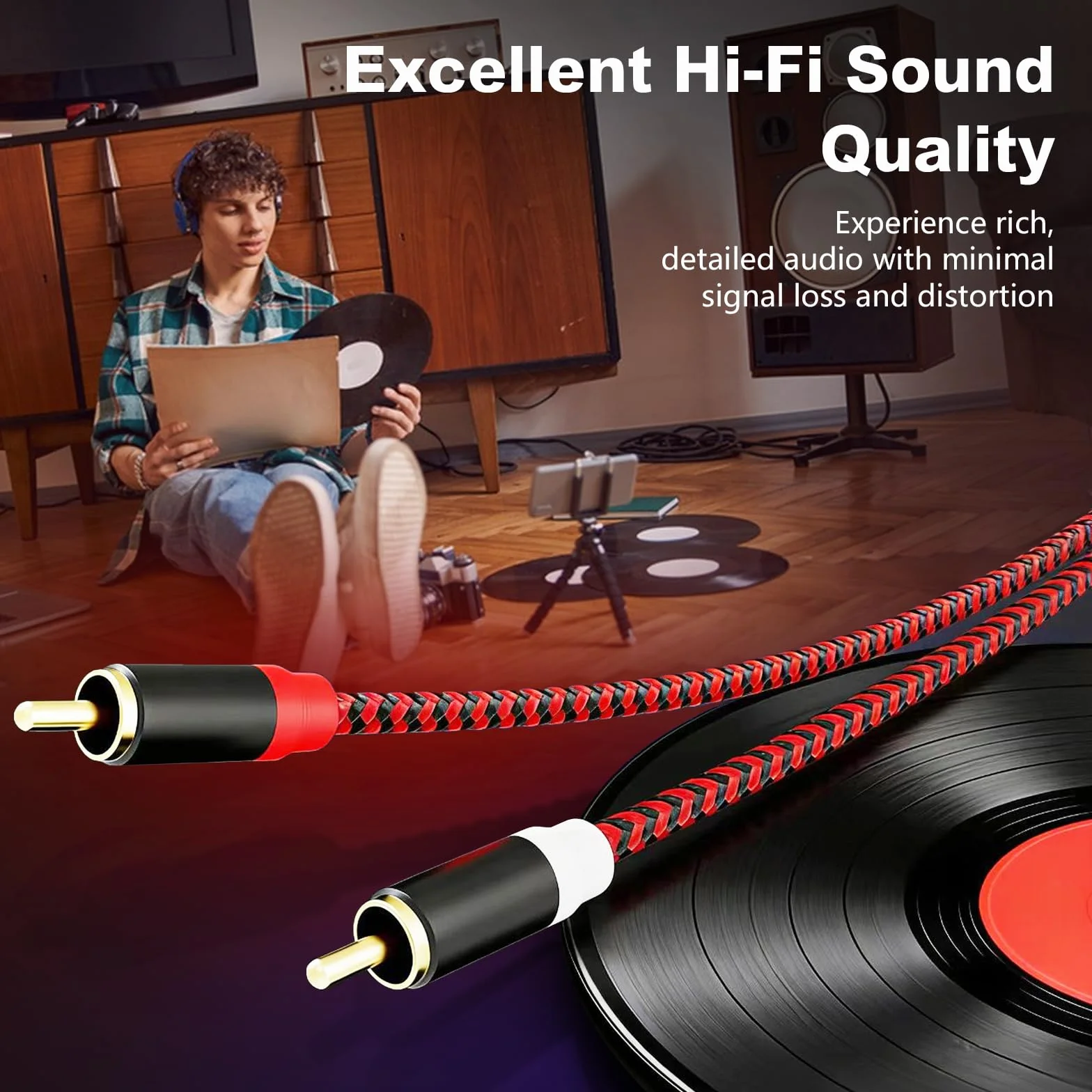 Kabel RCA 4M, 2Rca męski na 2-Rca męski kabel subwoofera audio stereo [dźwięk Hi-Fi] nylonowy pleciony przewód pomocniczy do kina domowego, systemów Hi-Fi i więcej (12 stóp/4 m)