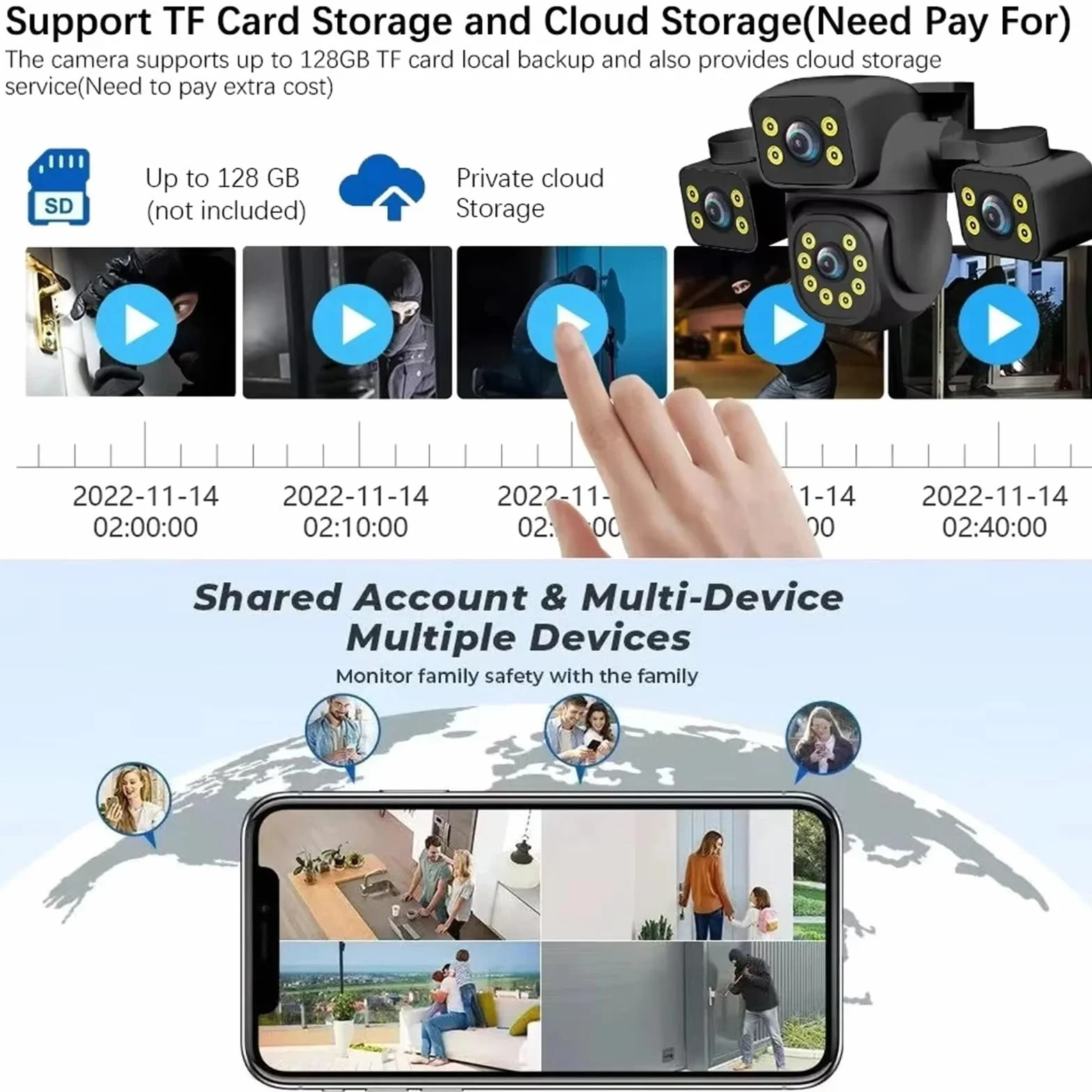 Kamera bezpieczeństwa, Nadzór wideo z 3 obiektywami Kamera 15MP Sieć Wi-Fi CCTV Bezprzewodowy Monitor 360° Zewnętrzne wodoodporne kamery bezpieczeństwa(15MP WIFI NO Card)
