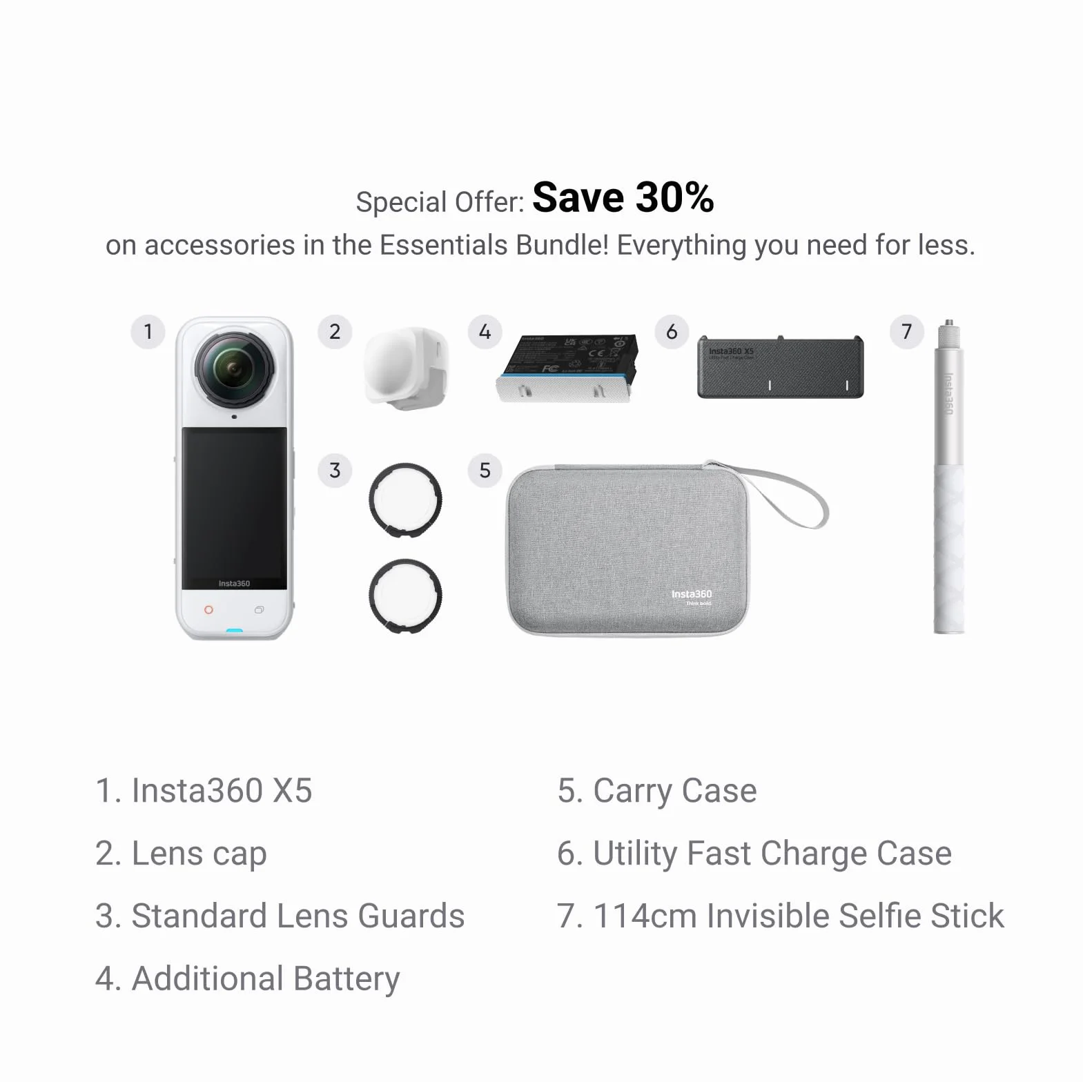 Insta360 X5 Zestaw Essential White Satin White - wodoodporna kamera 360 8K, niskie światło wskazujące, niewidoczny kijek do selfie, solidne i wymienne obiektywy, 3 godziny pracy na baterii