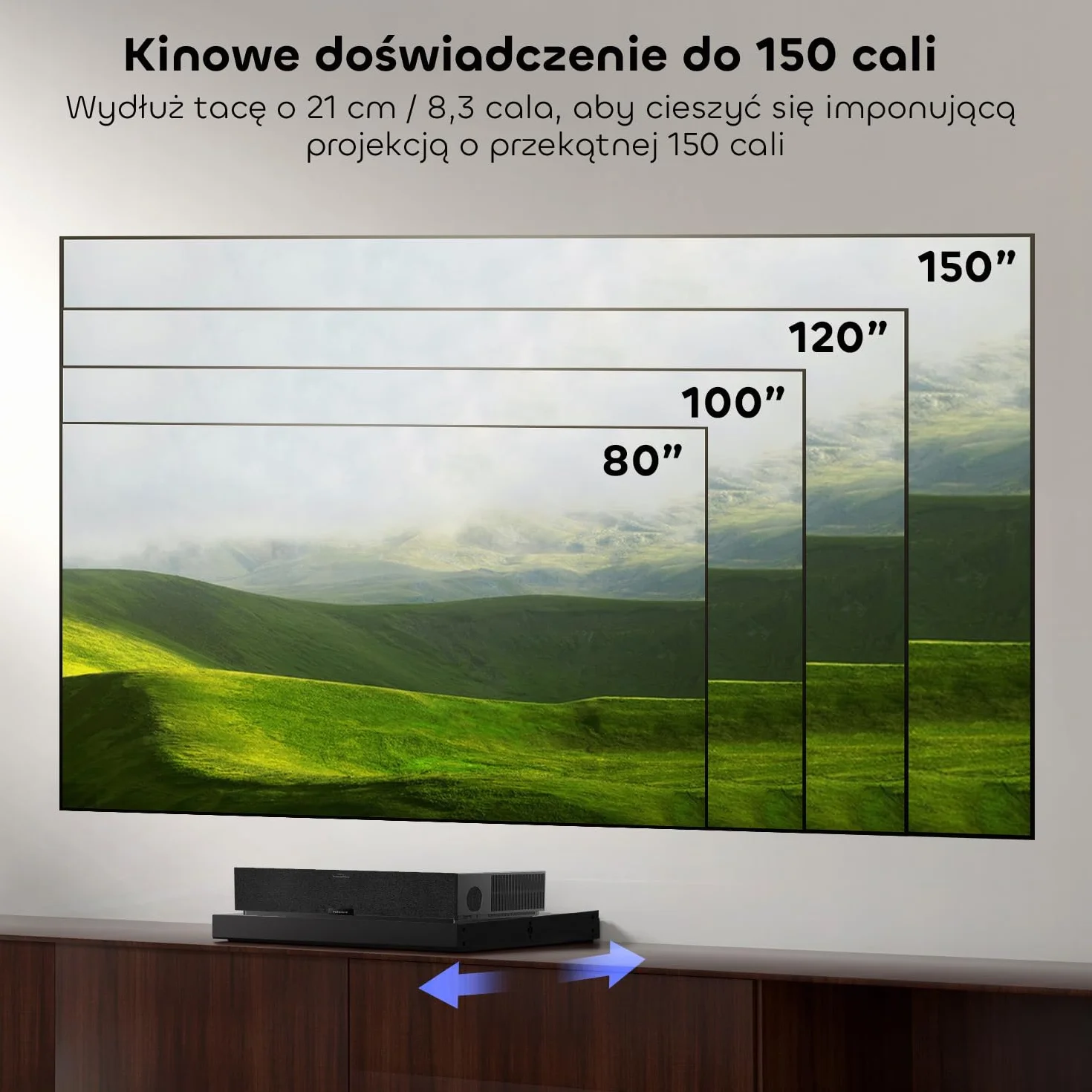 Zmotoryzowana półka przesuwna do projektora o bardzo krótkim dystansie, możliwość rozszerzenia 80"-150", automatycznie chowana półka teleskopowa, synchronizacja z wydajnością