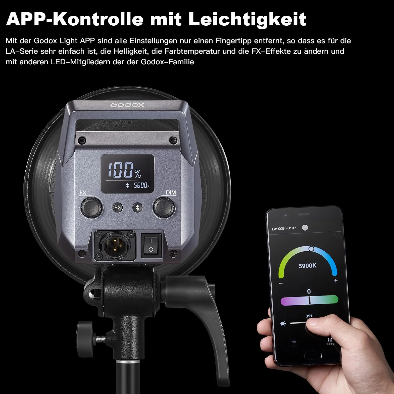 Godox Litemons LA200Bi 230w światło dzienne wideo, dwukolorowe studyjne światło ciągłe 5600K, CRI 96+ TLCI 97+, 101000lux z 8 efektami FX Mocowanie Bowens i sterowanie APP do transmisji na żywo, wideo