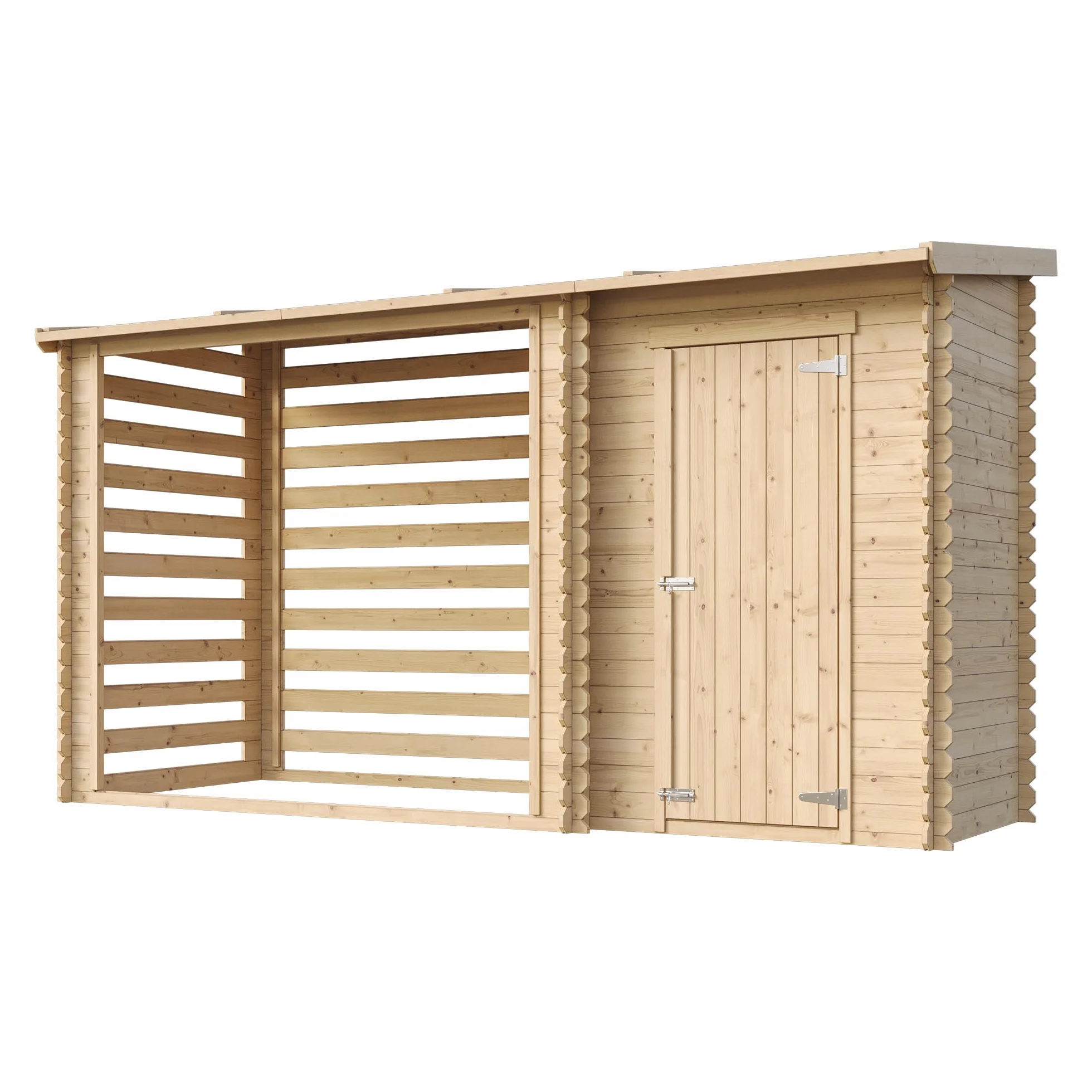 TIMBELA Drewniana szopa ogrodowa M205 – domek ogrodowy z regałem na drewno opałowe – domek ogrodowy z drewna szer. 344 x dł. 146 x wys. 199 cm / 3,64 m2 – szopa ogrodowa z wodoodpornym dachem –