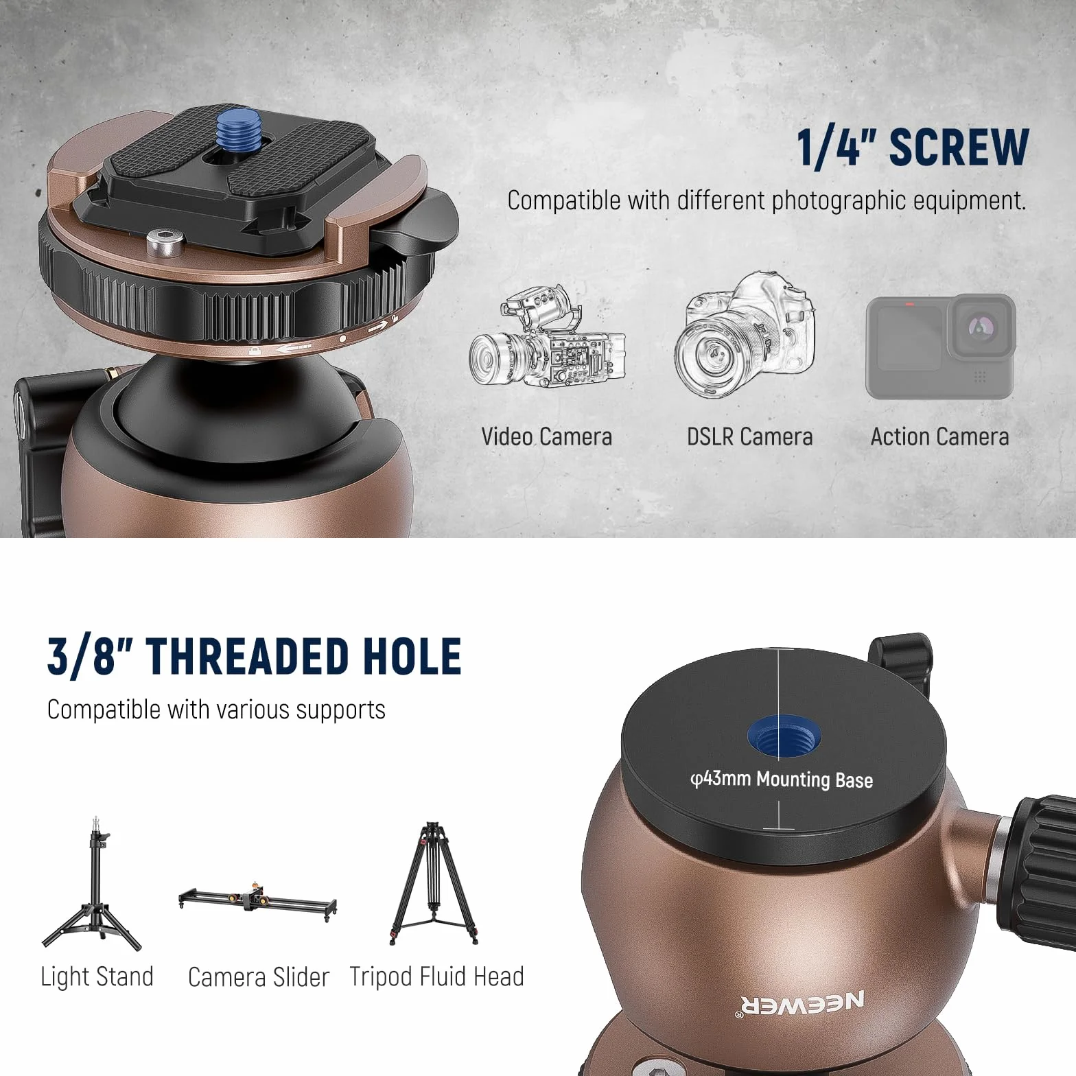 Neewer Adapter do montażu głowicy kulowej statywu, niskoprofilowy uchwyt kulowy do kamery z głowicą statywu, szybka blokada z płytką QR 1/10.2 cm, kompatybilny z klipsem do kamery Peak Design,