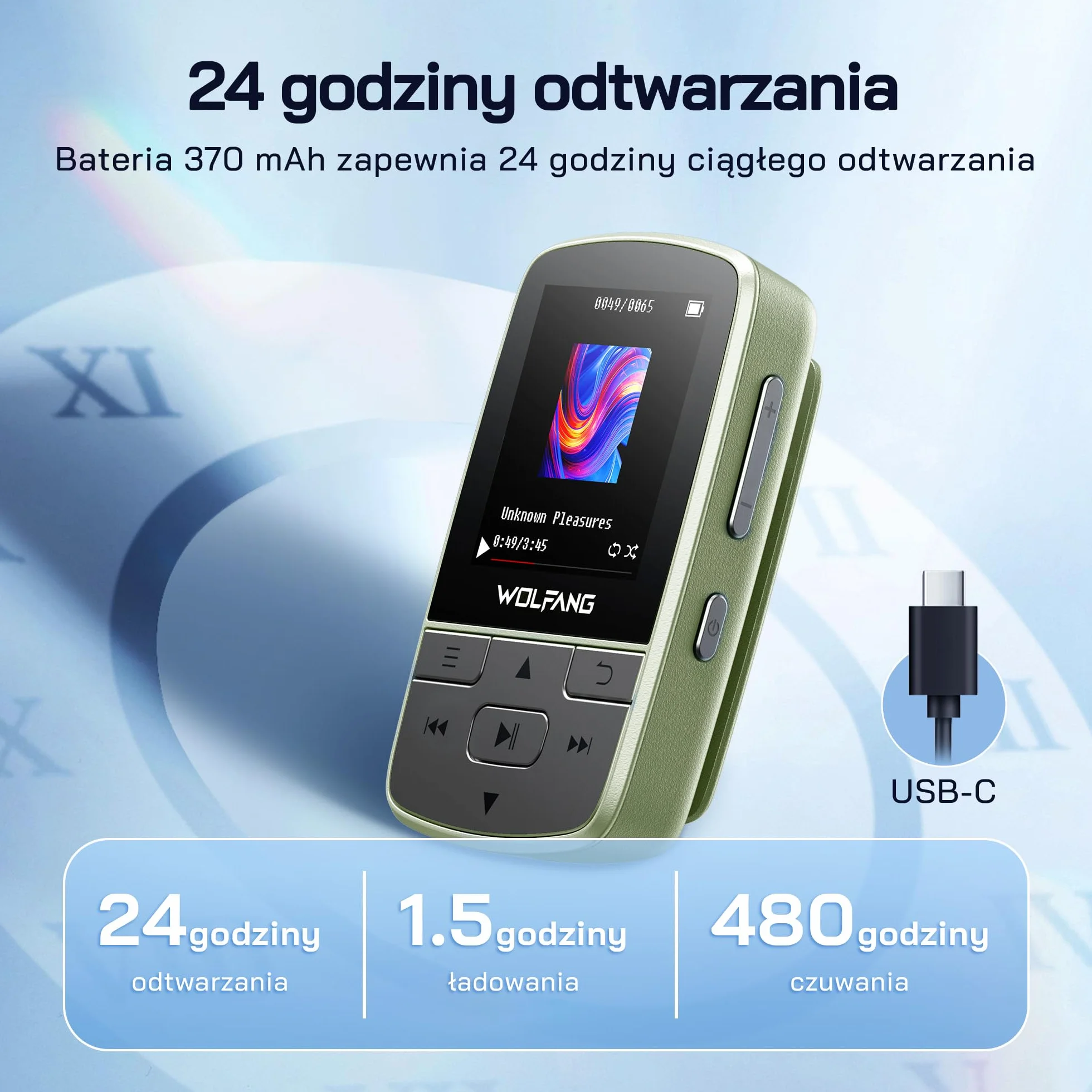 WOLFANG Odtwarzacze MP3 z Bluetooth 5.2, klips sportowy, mini rozmiar, waga 28 g, radio HiF FM, dyktafon, słuchawki w zestawie, Zieleń Wojskowa