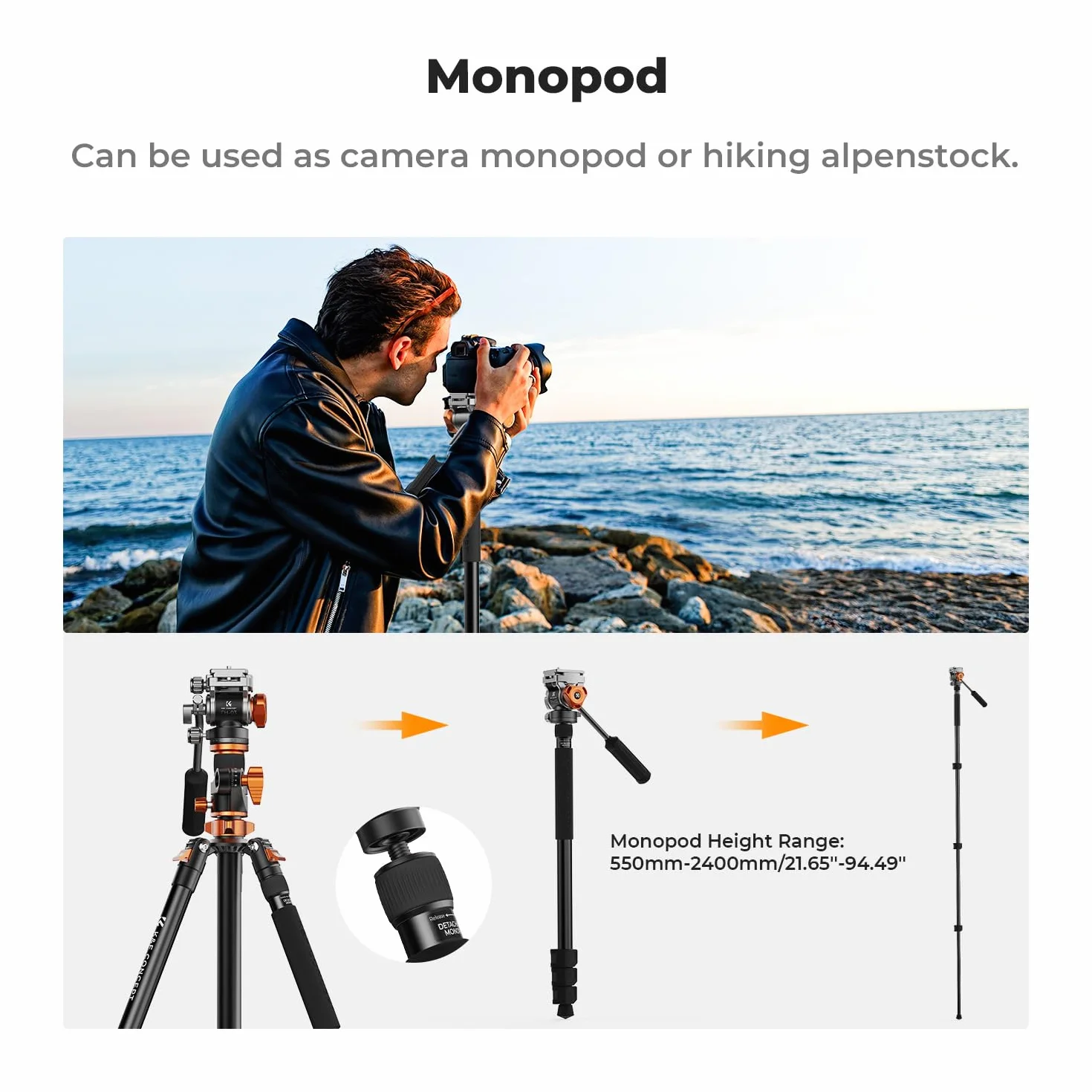 Statyw do aparatu, K&F CONCEPT statyw wideo, tripod z głowicą płynu, 231 cm statyw z kolumną środkową 90° i zdejmowanym statywem monopodowym, aluminiowy statyw podróżny T254A7+FH-03 do DSLR
