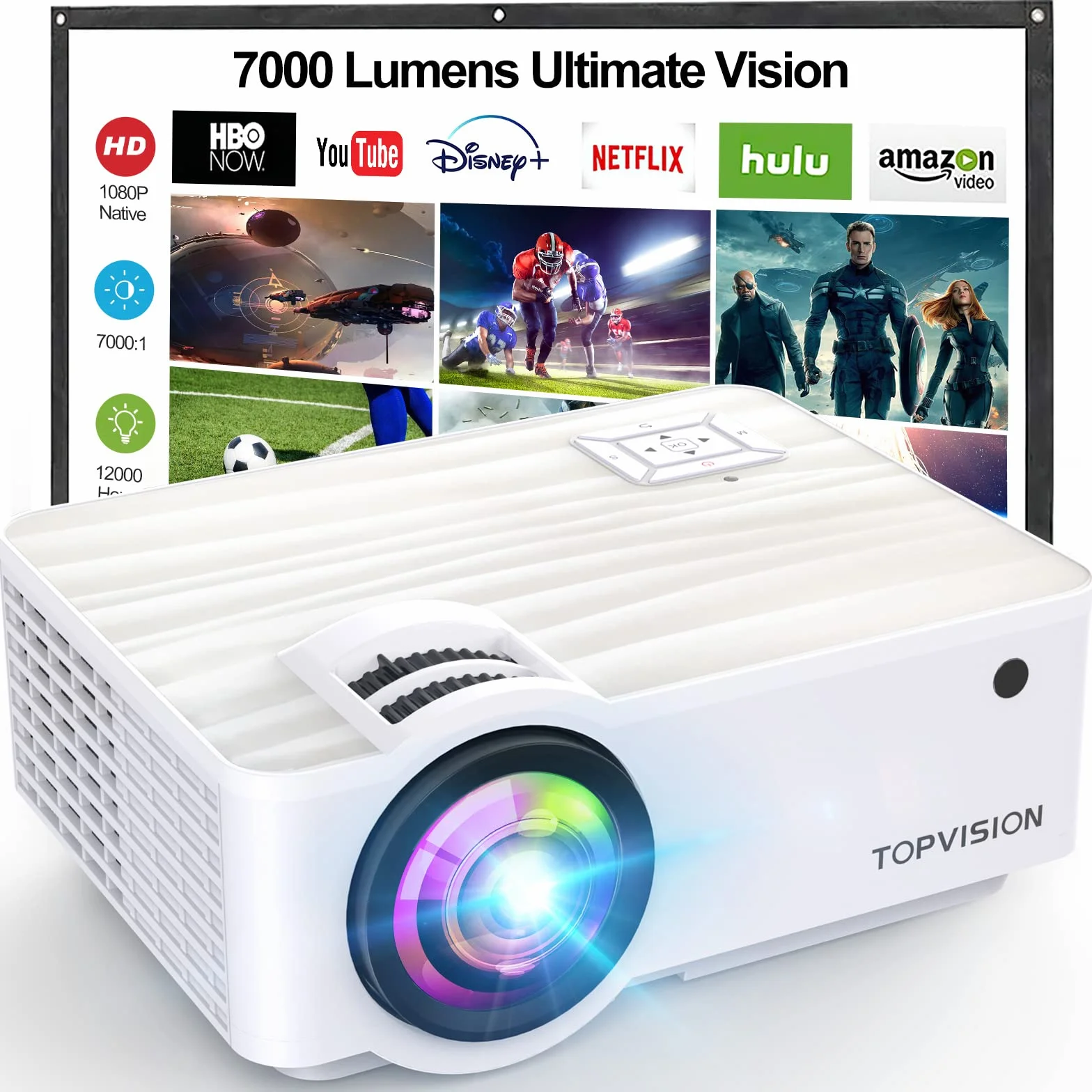 Projektor, Mini Projektor Natywny 1080p 4K Projektor 9500 Lumenów Bluetooth 5.1 Multimedialny Projektor Kina Domowego z Ekranem 100" Kompatybilny z HDMI/USB/AV/Smartfonem/Padem/TV Box/Laptopem