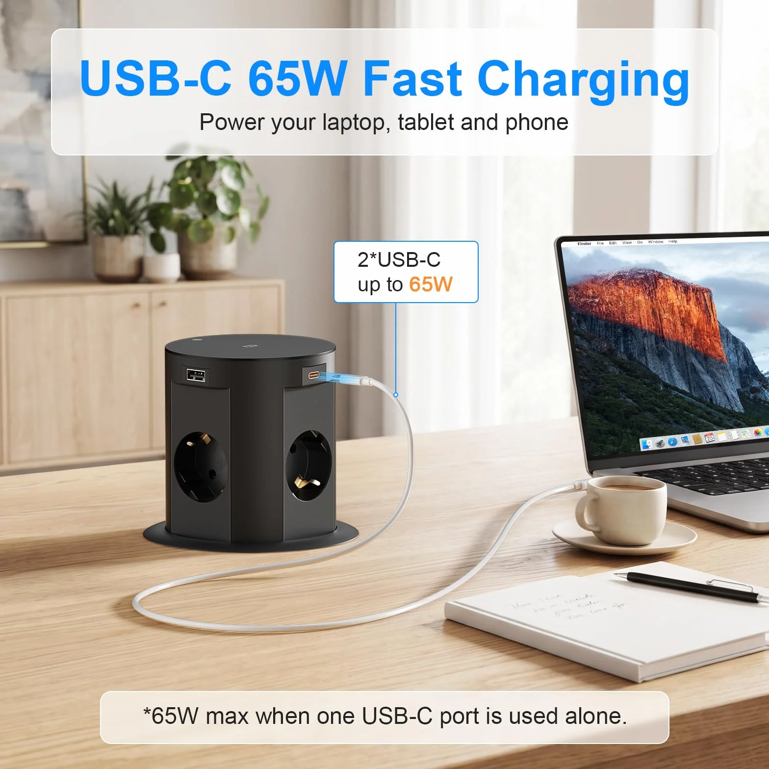 Wysuwane gniazdko elektryczne z bezprzewodowym ładowaniem 15 W, 4 USB, gniazdko stołowe do kuchni, biura i blatu roboczego, kabel 1,8 m, Ø 100 mm, czarne