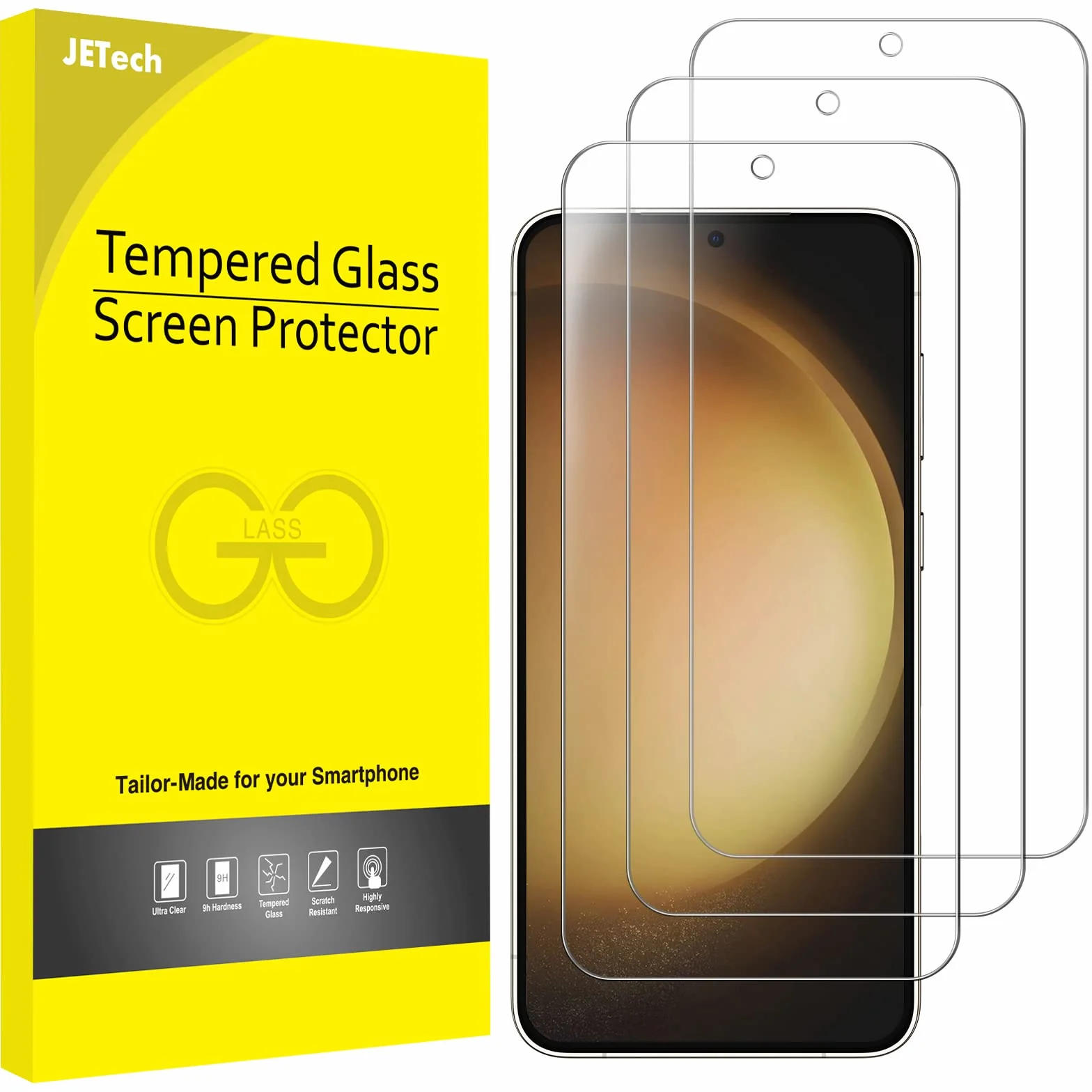 JETech Ochraniacz Ekranu dla Samsung Galaxy S23 5G 6,1 Cala, Screen Protector Szkło Hartowane Film Folia, Odciski Palców ID Kompatybilny, HD Przezroczyste, 3 Sztuki