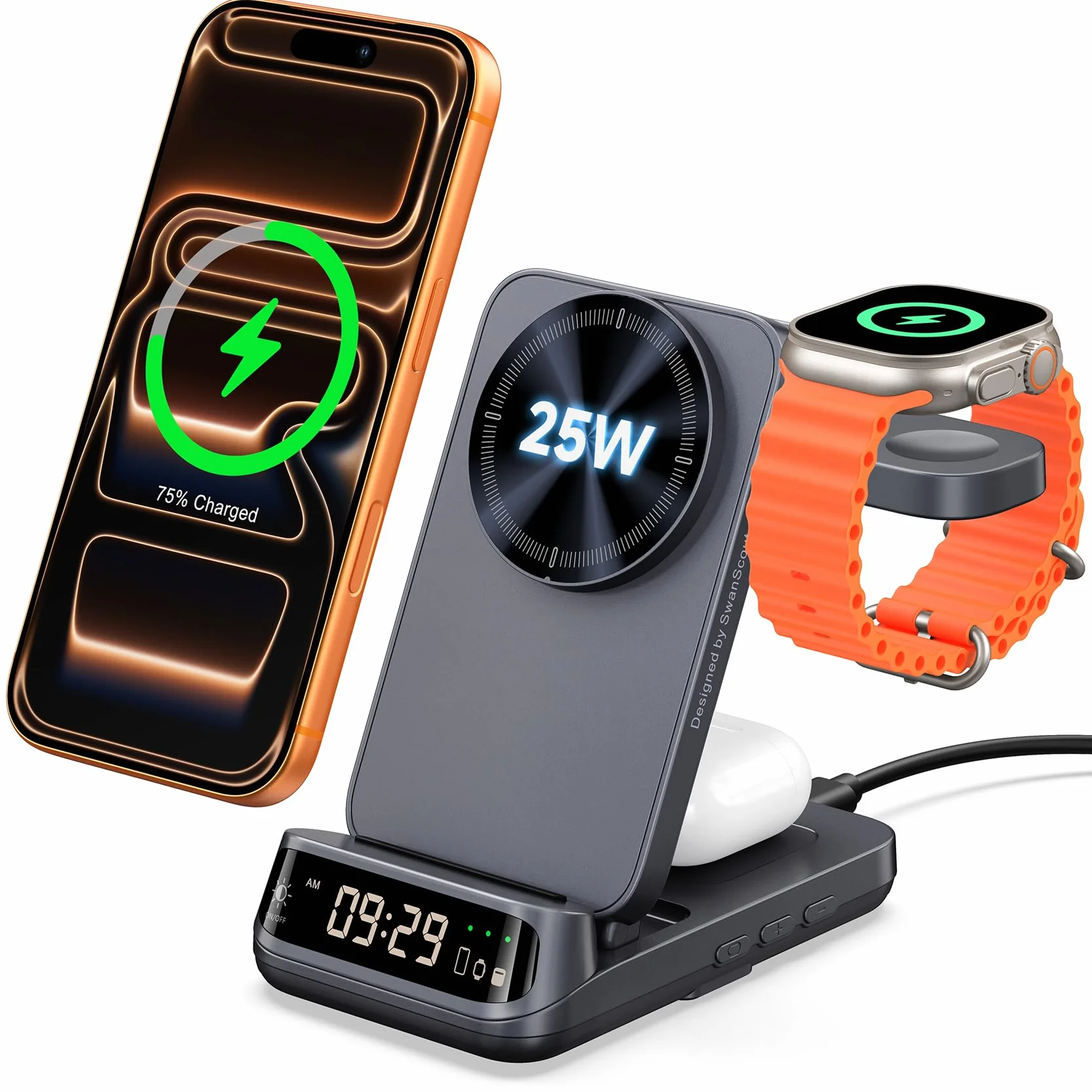 Bezprzewodowy stojak na ładowarkę 25 W 3 w 1, kompatybilny z MagSafe, składana podróżna magnetyczna stacja ładująca z zegarem do iPhone'a serii 17/16/15, Apple Watch, Air Pods, SwanScout 708M-25W